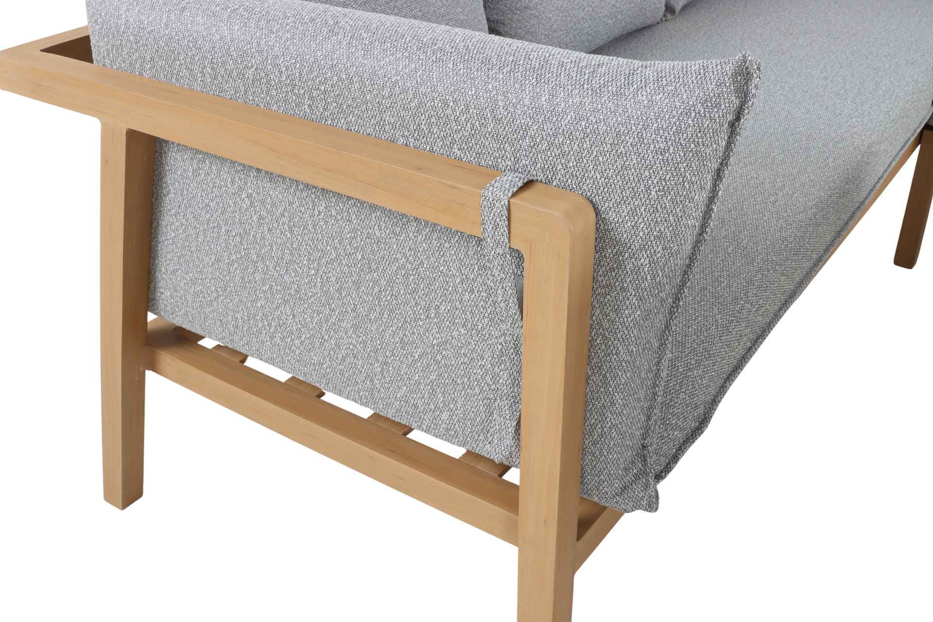 Maja Eckbankgruppe in Holzoptik mit Sinterstone-Tischplatte und grauen Polstern
