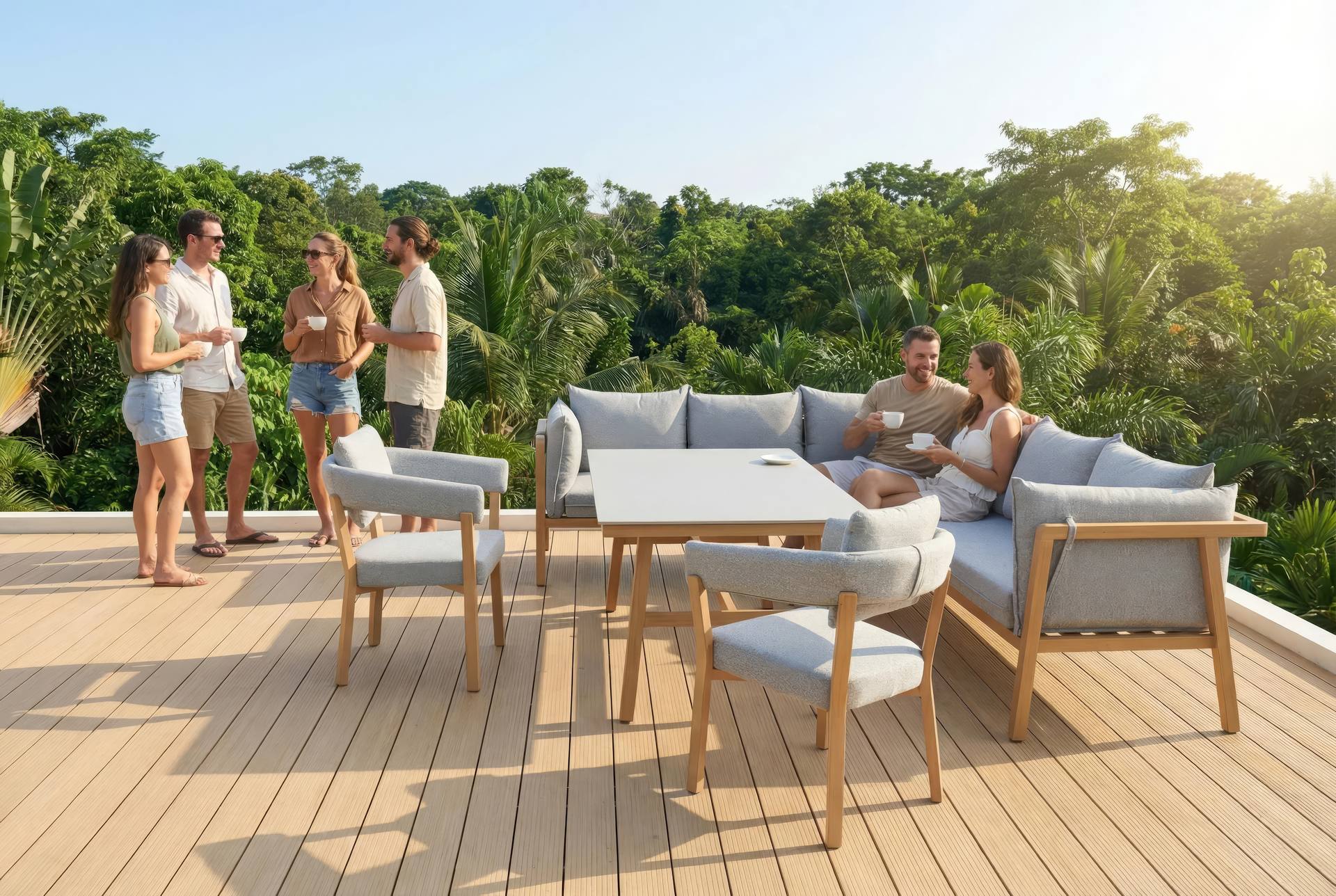 Maja Eckbankgruppe in Holzoptik mit Sinterstone-Tischplatte und grauen Polstern