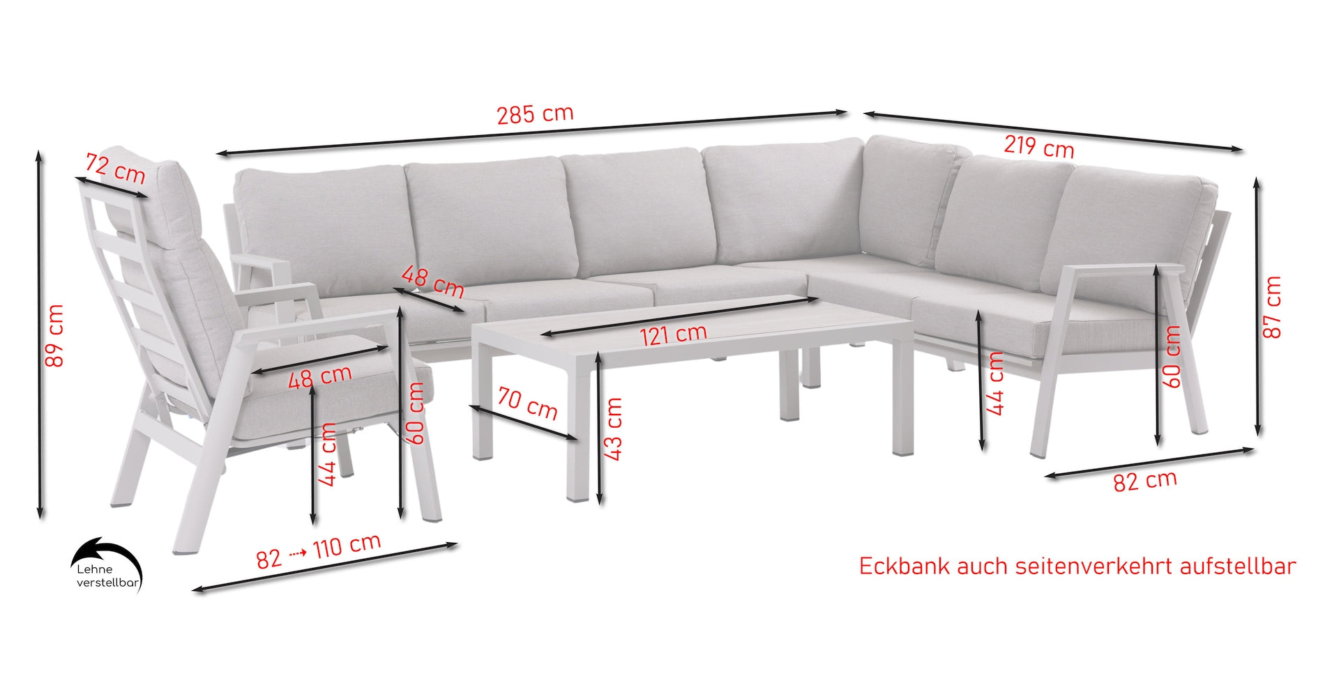 Gartenlounge Marquez mit hellgrauem Aluminiumgestell, beigen Kissen und Couchtisch mit Keramikplatte in Holzoptik.