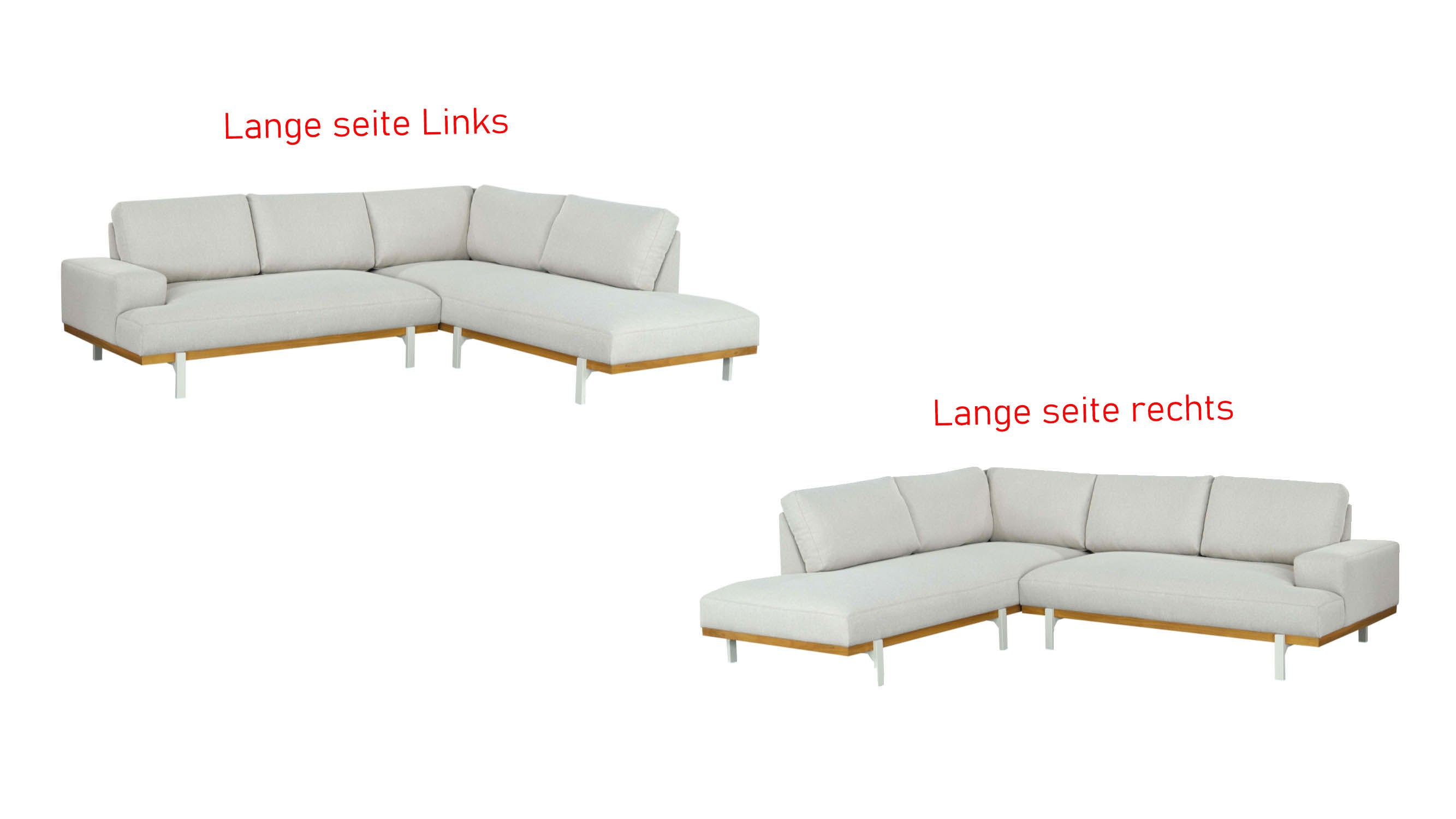 Micky Eck-Gartenlounge aus Aluminium ivory mit Akazienholz natur und grau-braunem Outdoor-Textilstoff inklusive Hocker und Couchtisch