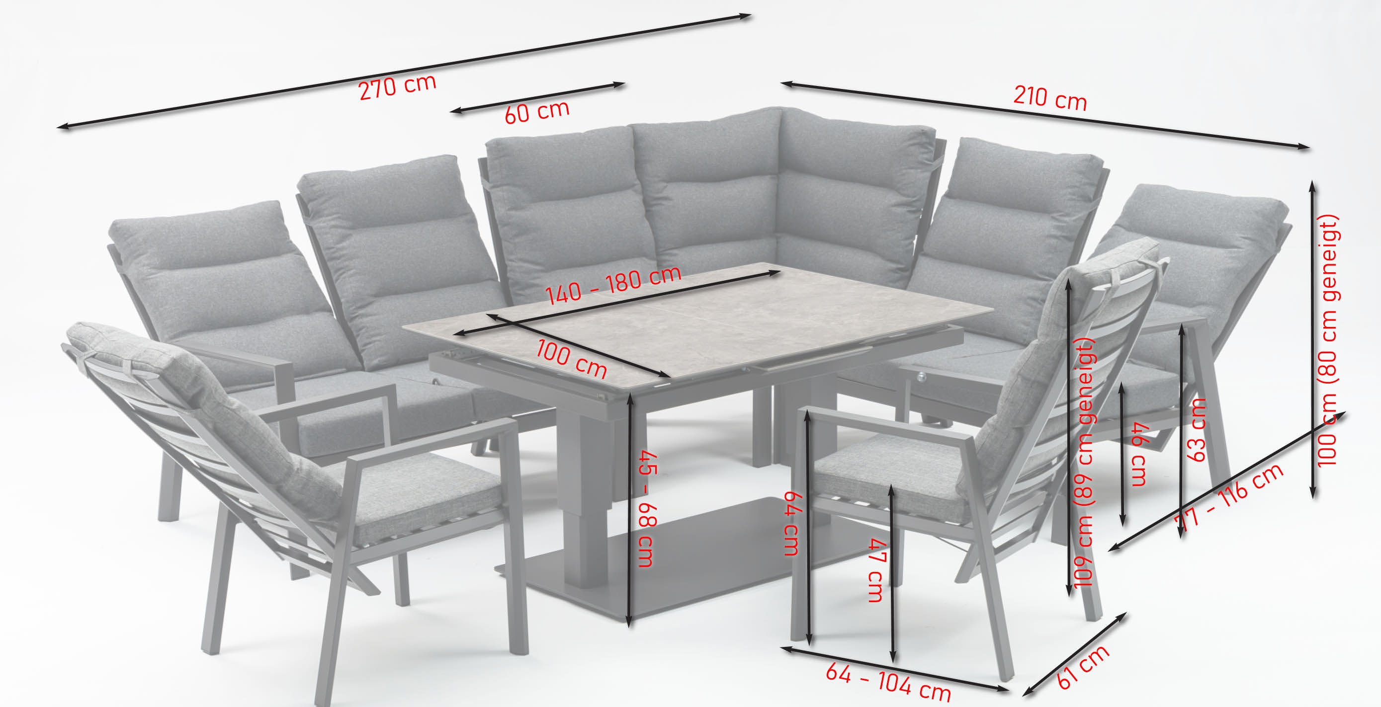 Nicosia Eckbankgruppe mit höhenverstellbarem Ausziehtisch und verstellbaren Rückenlehnen