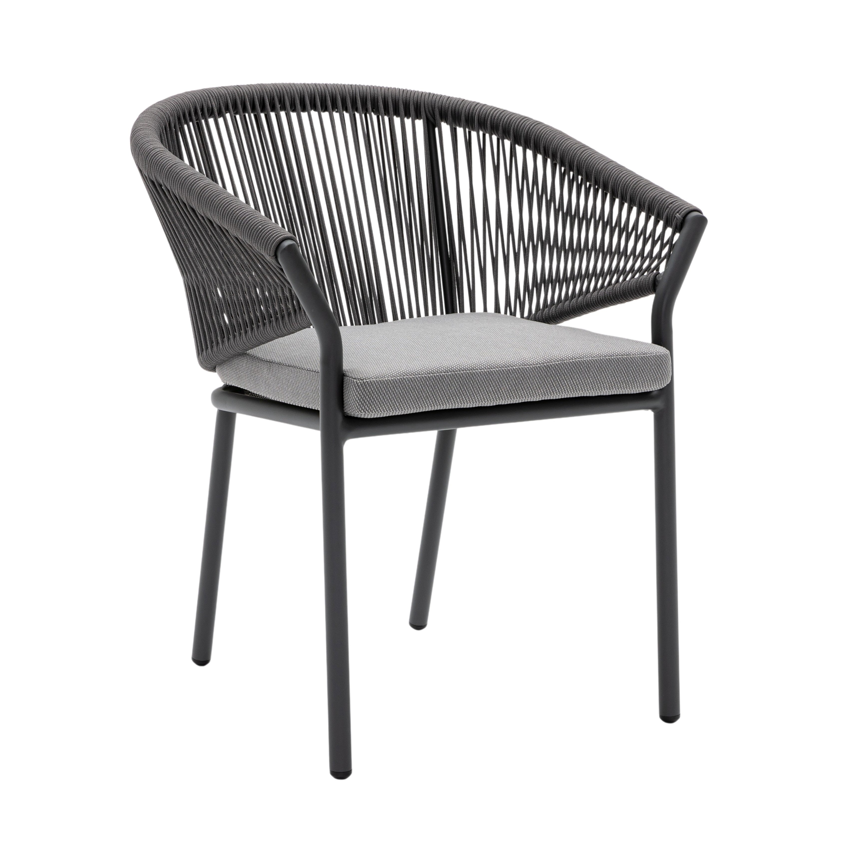 Nikki Gartenstuhl mit Aluminiumgestell in grau-beige oder Anthrazit, Textilschnur-Rückenlehne und grauem Sitzkissen für den Outdoor-Bereich