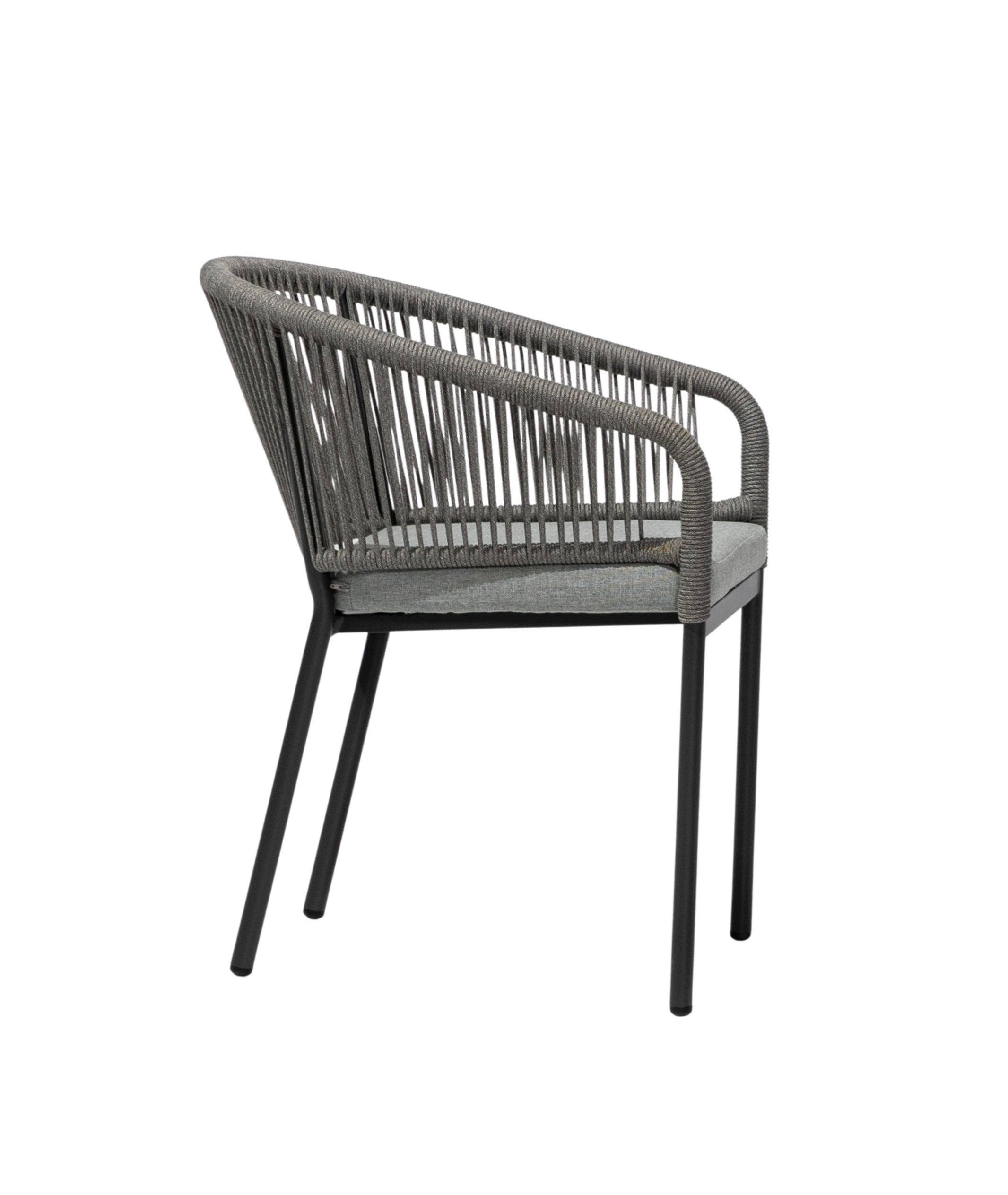 Nikki Gartenstuhl mit Aluminiumgestell in grau-beige oder Anthrazit, Textilschnur-Rückenlehne und grauem Sitzkissen für den Outdoor-Bereich