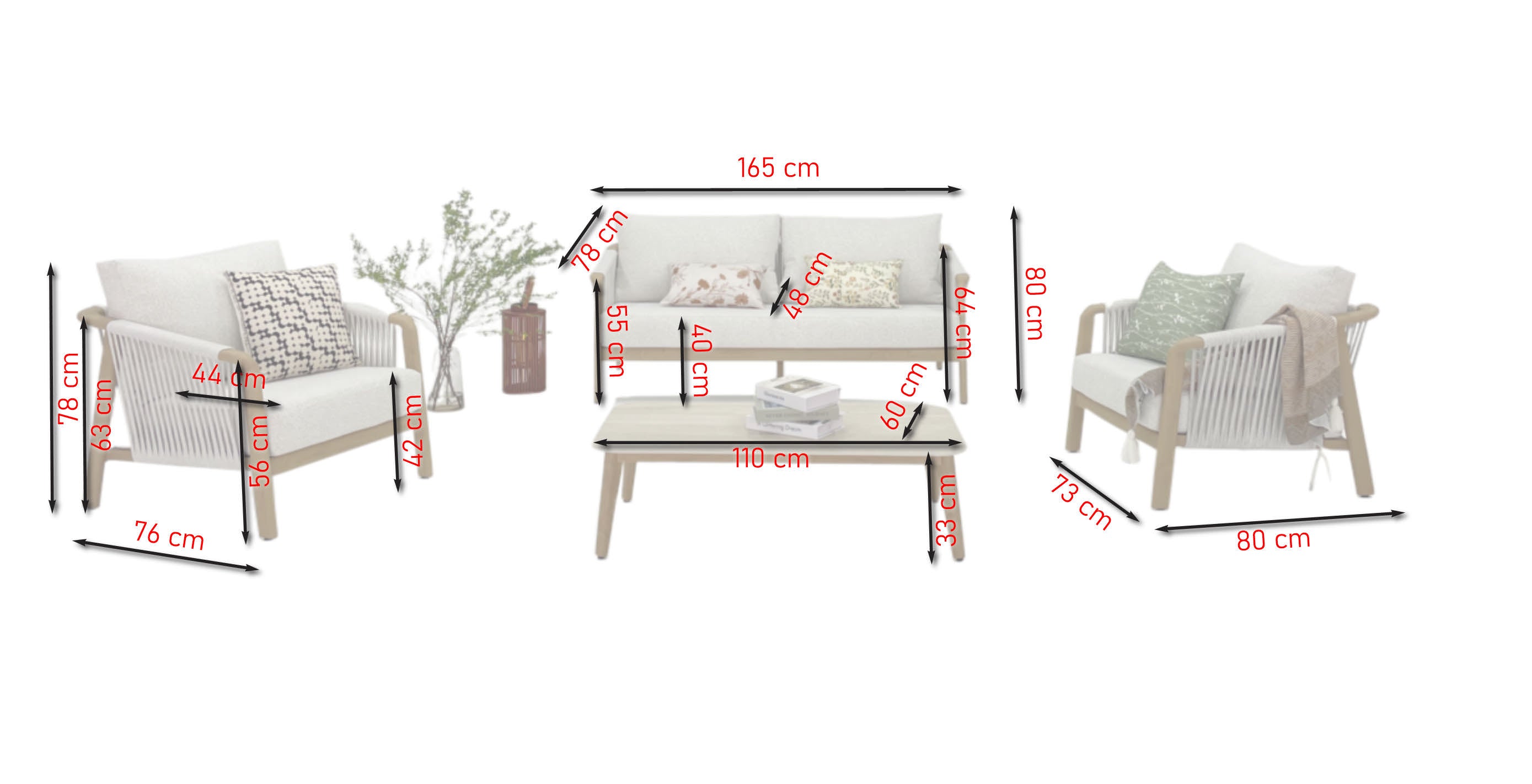 Olenna Gartenlounge aus Aluminium in Holzdekor mit ivory Textilschnüren, cremefarbenen witterungsbeständigen Polstern, bestehend aus 2-Sitzer, zwei Armstühlen und Loungetisch – Outdoor Gartenmöbel