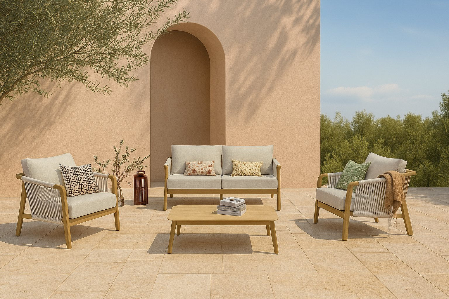 Olenna Gartenlounge aus Aluminium in Holzdekor mit ivory Textilschnüren, cremefarbenen witterungsbeständigen Polstern, bestehend aus 2-Sitzer, zwei Armstühlen und Loungetisch – Outdoor Gartenmöbel