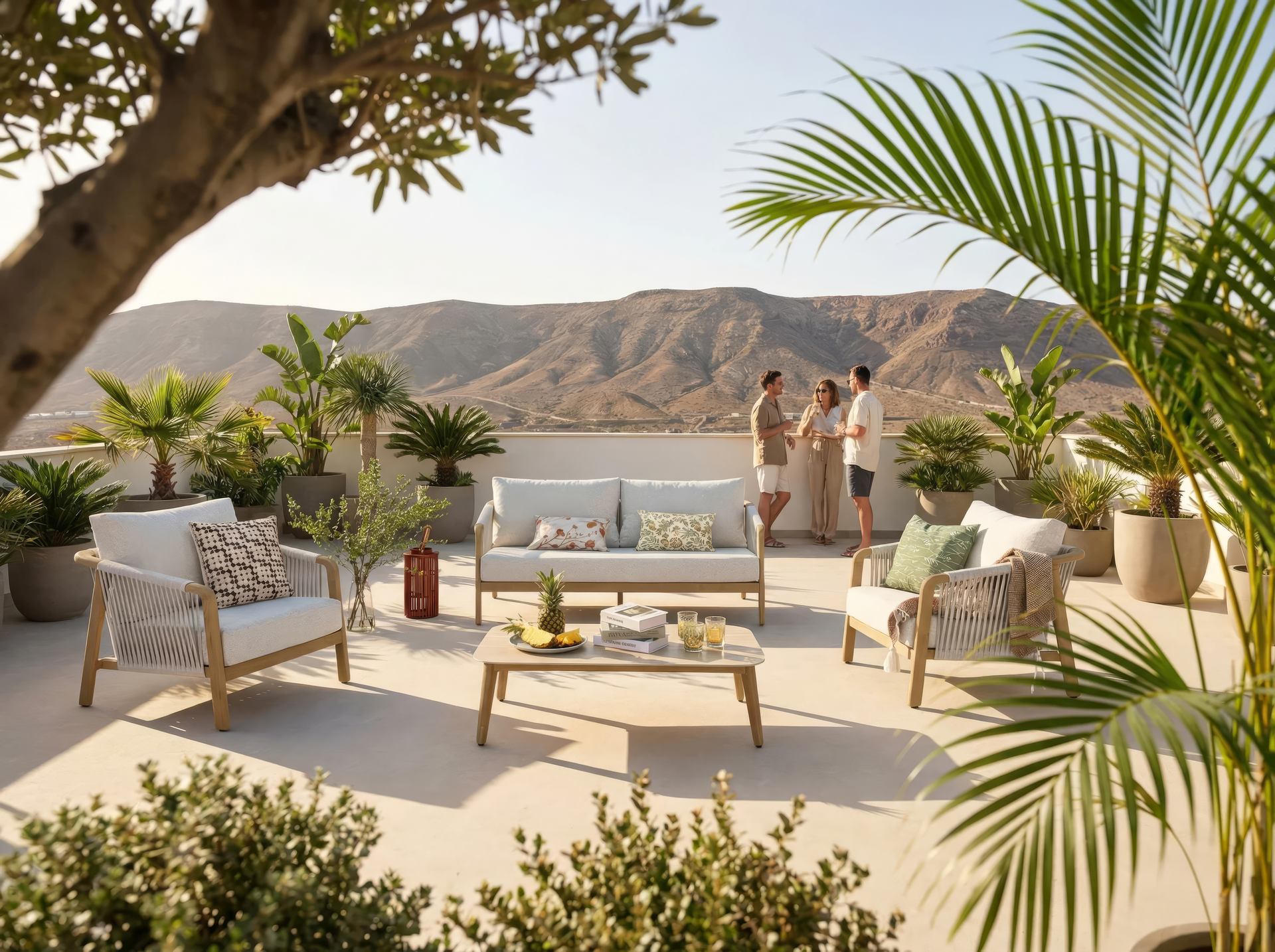 Olenna Gartenlounge aus Aluminium in Holzdekor mit ivory Textilschnüren, cremefarbenen witterungsbeständigen Polstern, bestehend aus 2-Sitzer, zwei Armstühlen und Loungetisch – Outdoor Gartenmöbel