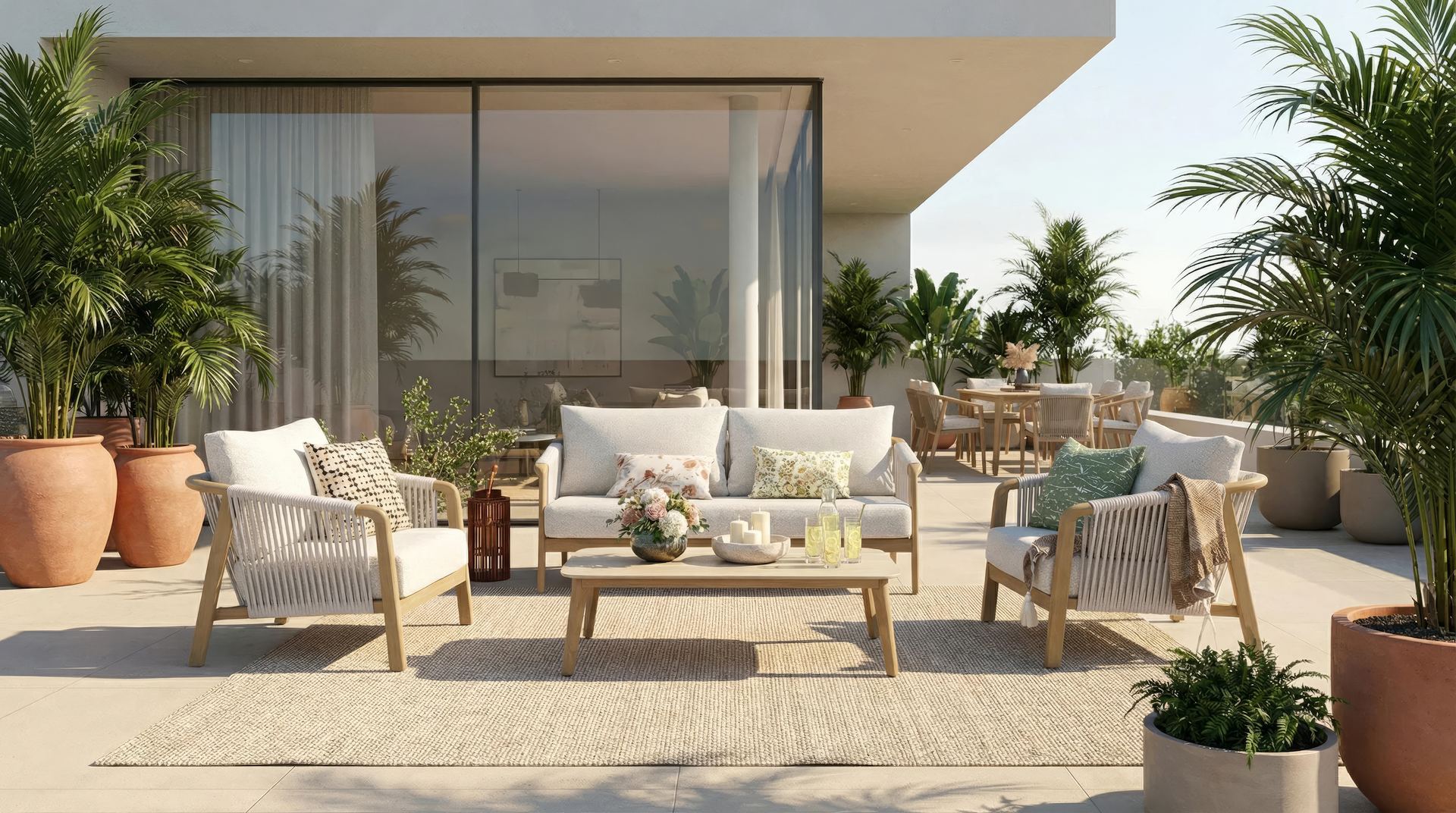 Olenna Gartenlounge aus Aluminium in Holzdekor mit ivory Textilschnüren, cremefarbenen witterungsbeständigen Polstern, bestehend aus 2-Sitzer, zwei Armstühlen und Loungetisch – Outdoor Gartenmöbel