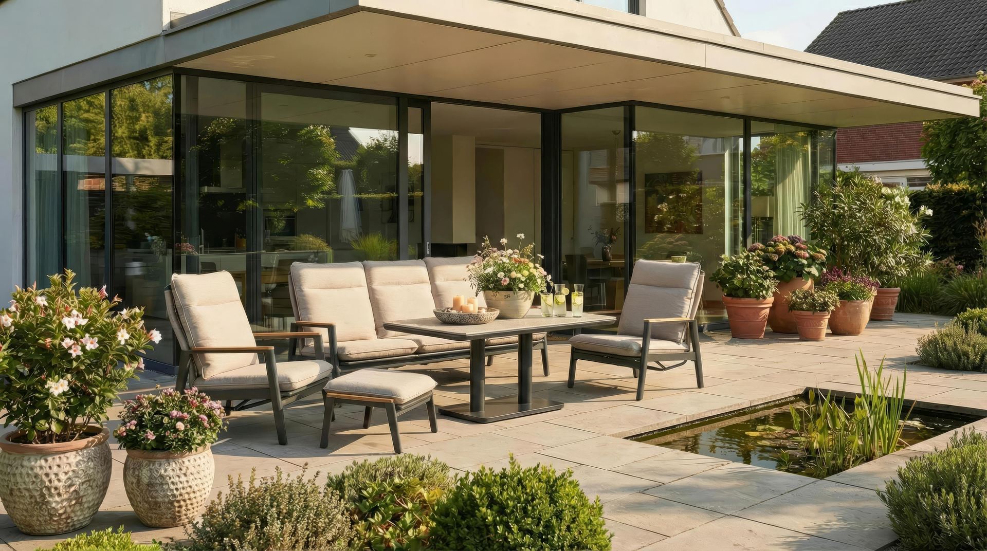Sofagruppe Ophelia mit höhenverstellbarem Sinterstone Tisch, Textilschnüren und Aluminiumgestell – Gartenmöbelshop.at