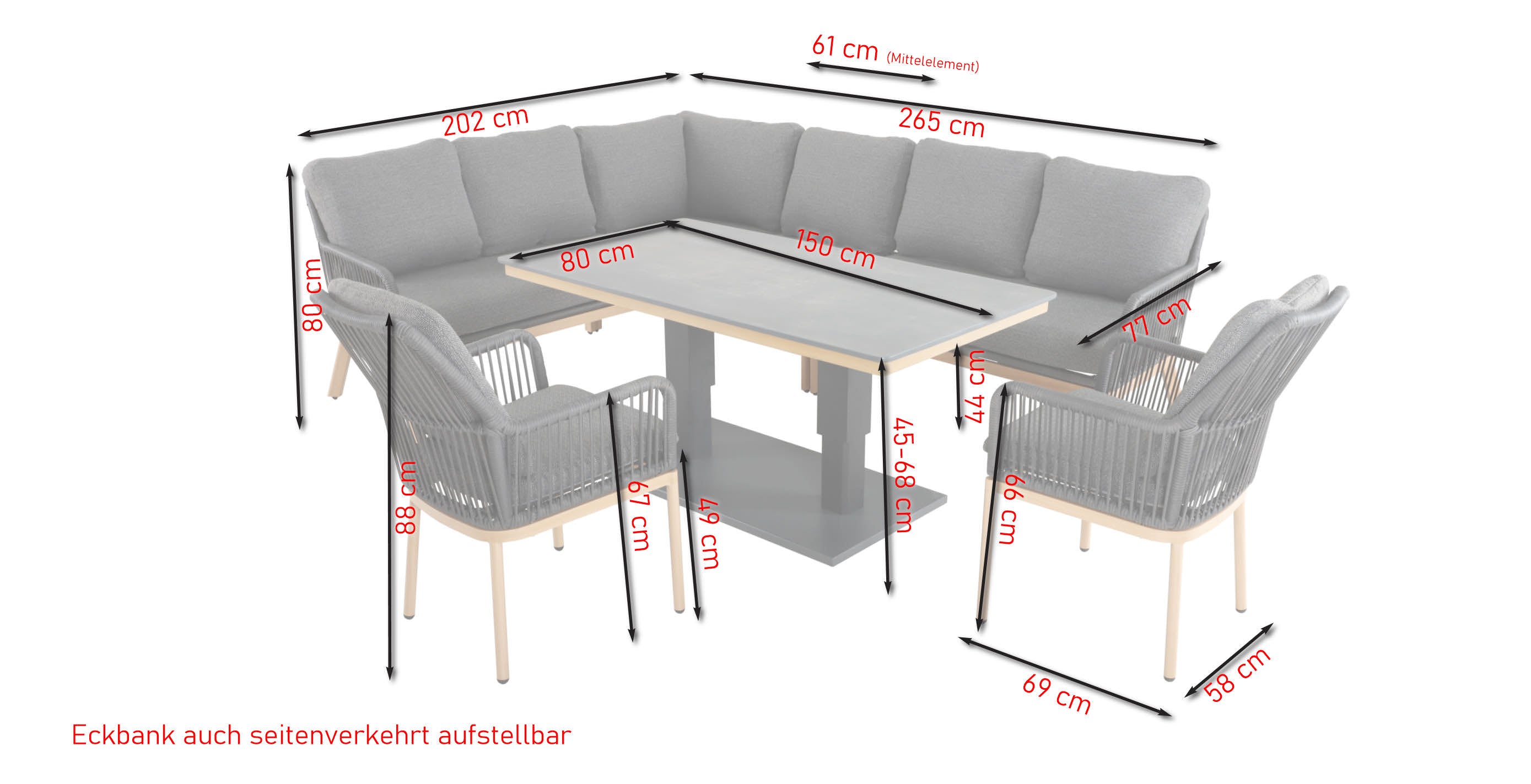 Poppy Eckbankgruppe mit höhenverstellbarem Tisch aus Aluminium, Textilschnüren und dunkelgrauen Polstern – Gartenmöbelshop.at