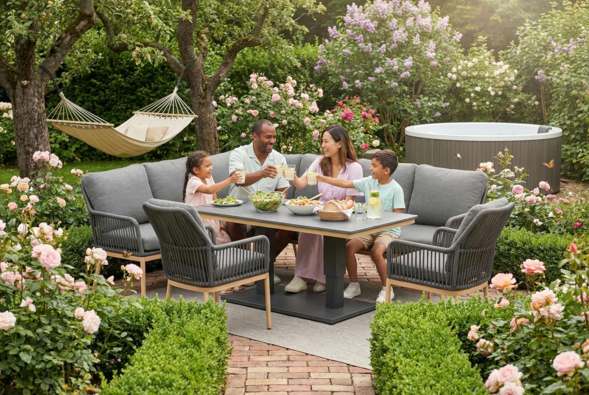 Poppy Eckbankgruppe mit höhenverstellbarem Tisch aus Aluminium, Textilschnüren und dunkelgrauen Polstern – Gartenmöbelshop.at