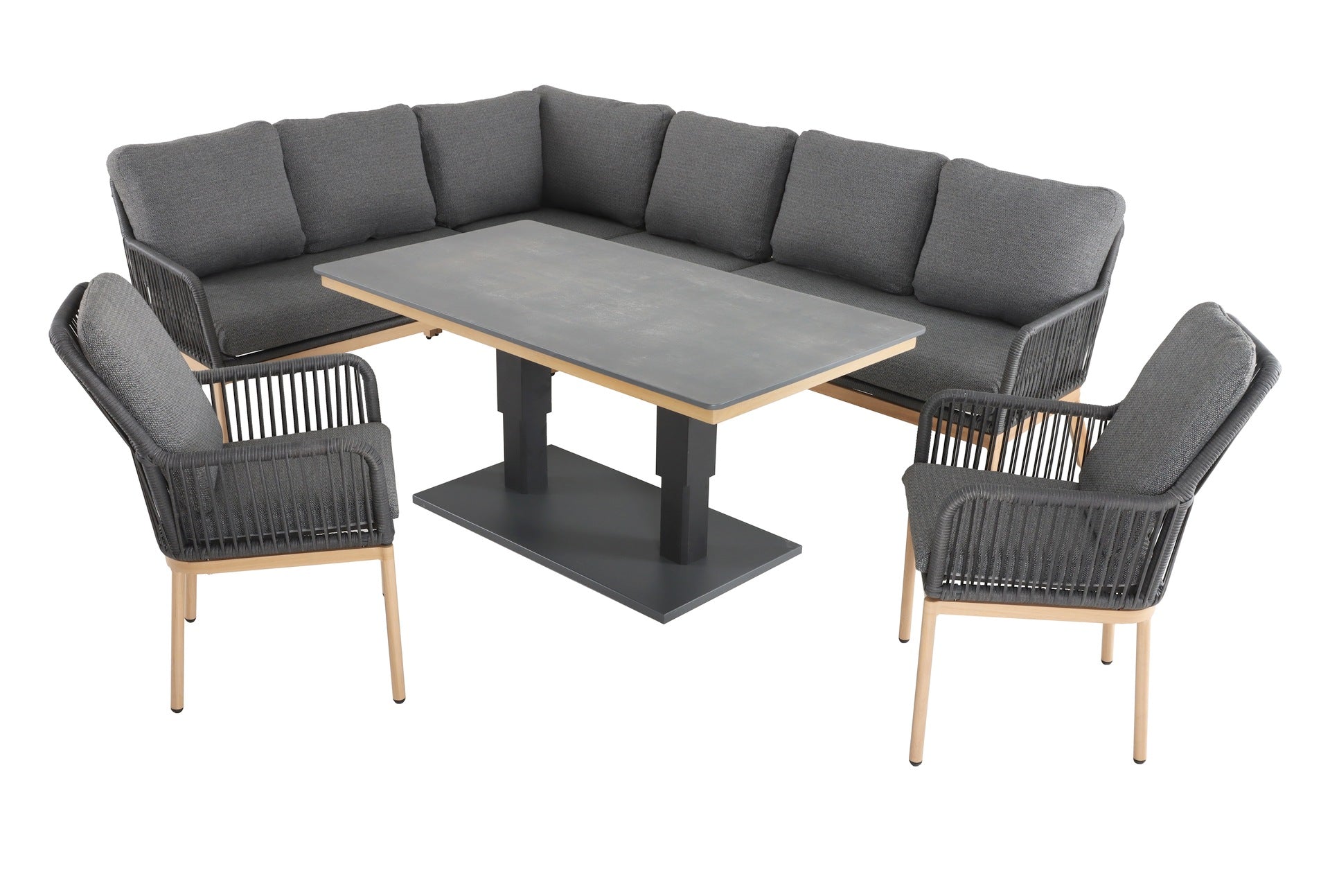 Poppy Eckbankgruppe mit höhenverstellbarem Tisch aus Aluminium, Textilschnüren und dunkelgrauen Polstern – Gartenmöbelshop.at