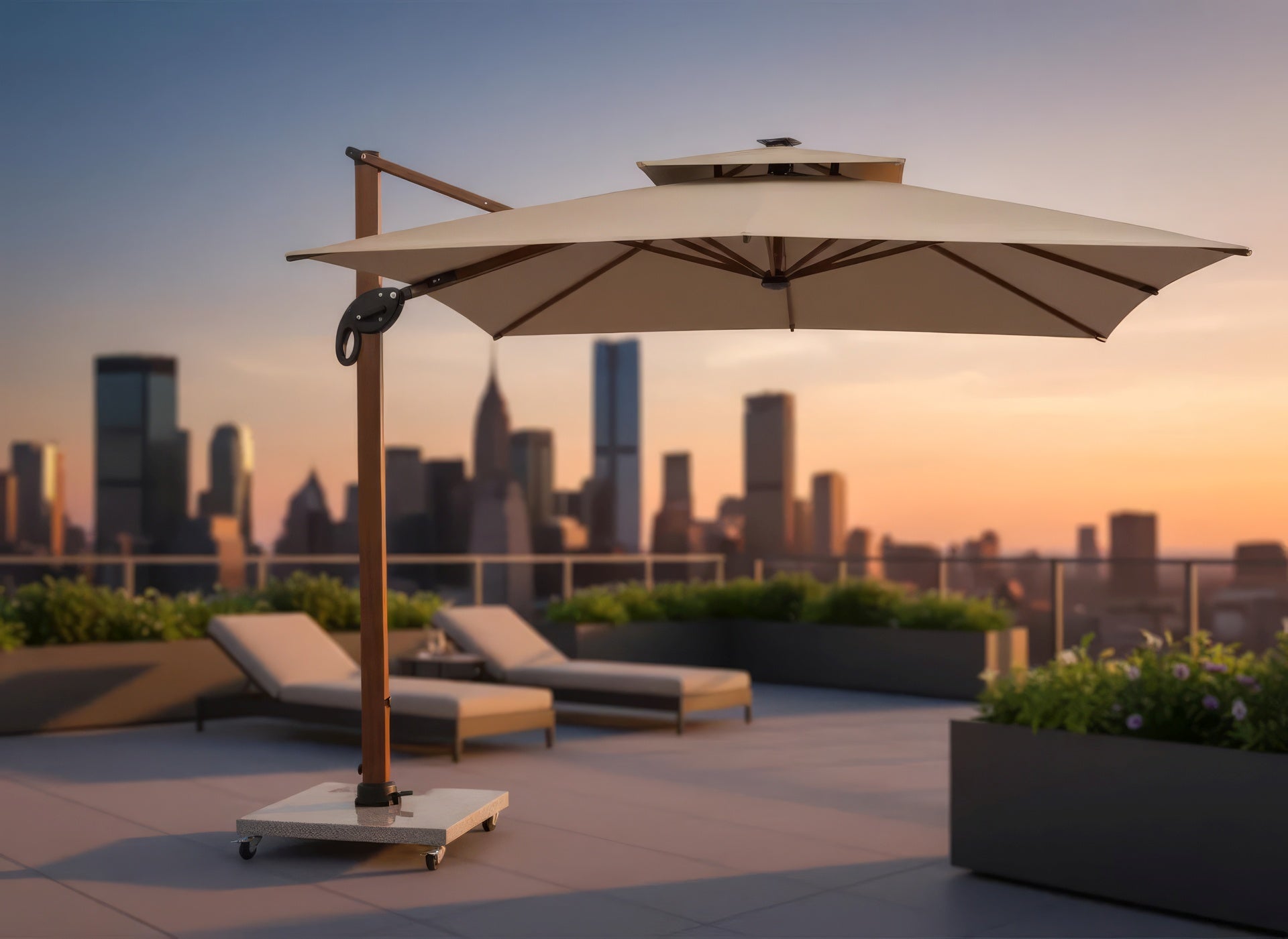 Ruffy Wood Pendelschirm 3x3 m in edler Holzoptik mit LED-Beleuchtung und fahrbarem Granitsockel für Terrasse und Garten