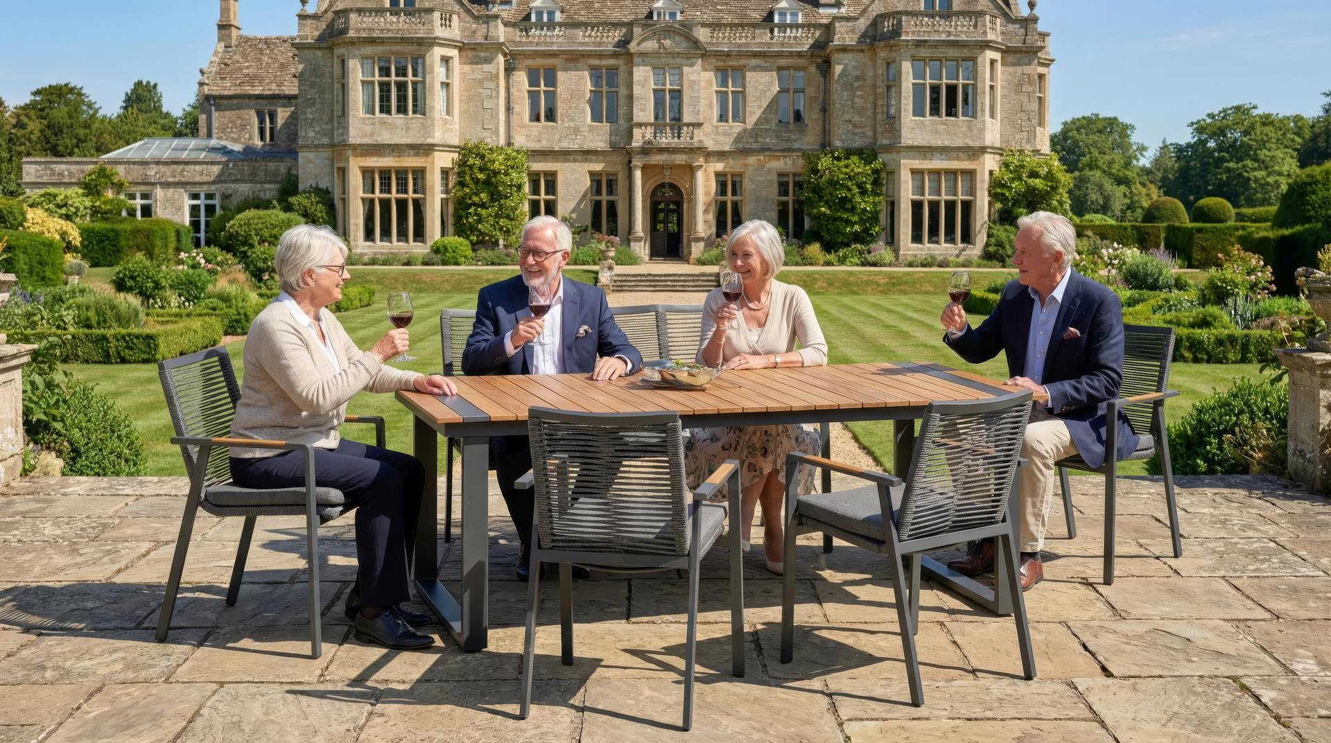 Sofagruppe Sasa mit 3er-Bank, 4 Armstühlen und Esstisch in Anthrazit mit Pinienholz-Tischplatte.
