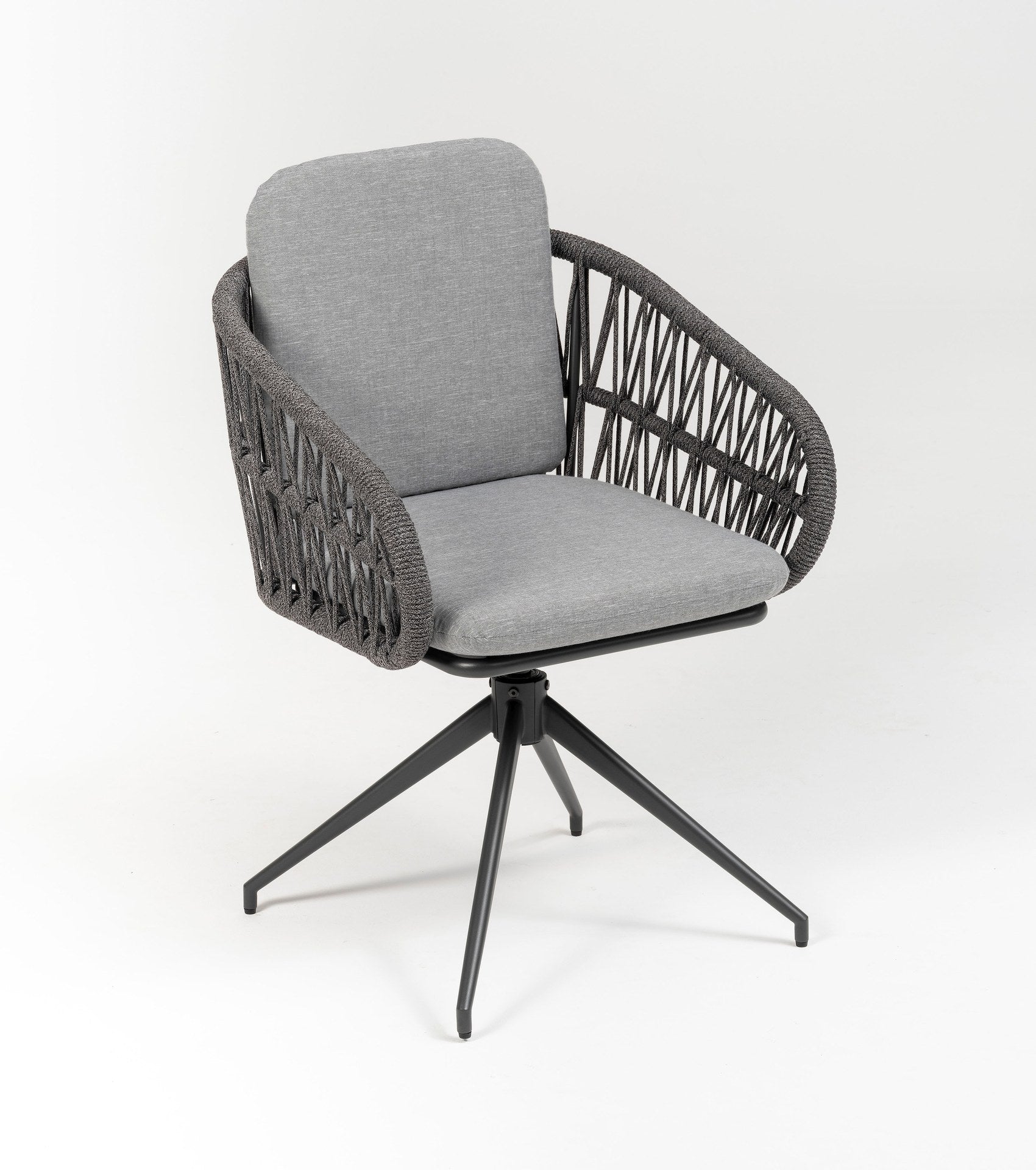 Serena drehbarer Gartenstuhl mit Aluminium-Spinnenfuß, Textilschnur-Sitzschale und grauen Sitz- und Rückenkissen für den Outdoor-Bereich