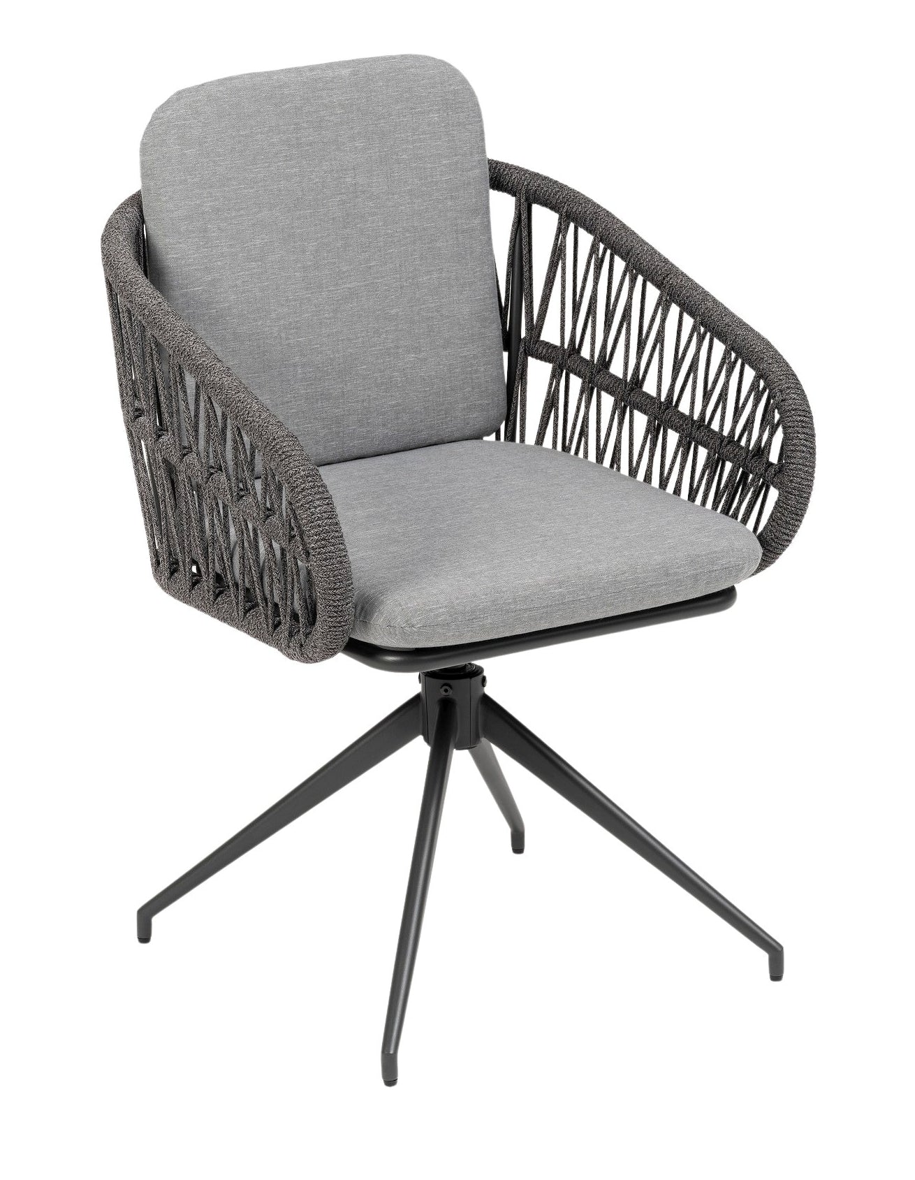 Serena drehbarer Gartenstuhl mit Aluminium-Spinnenfuß, Textilschnur-Sitzschale und grauen Sitz- und Rückenkissen für den Outdoor-Bereich