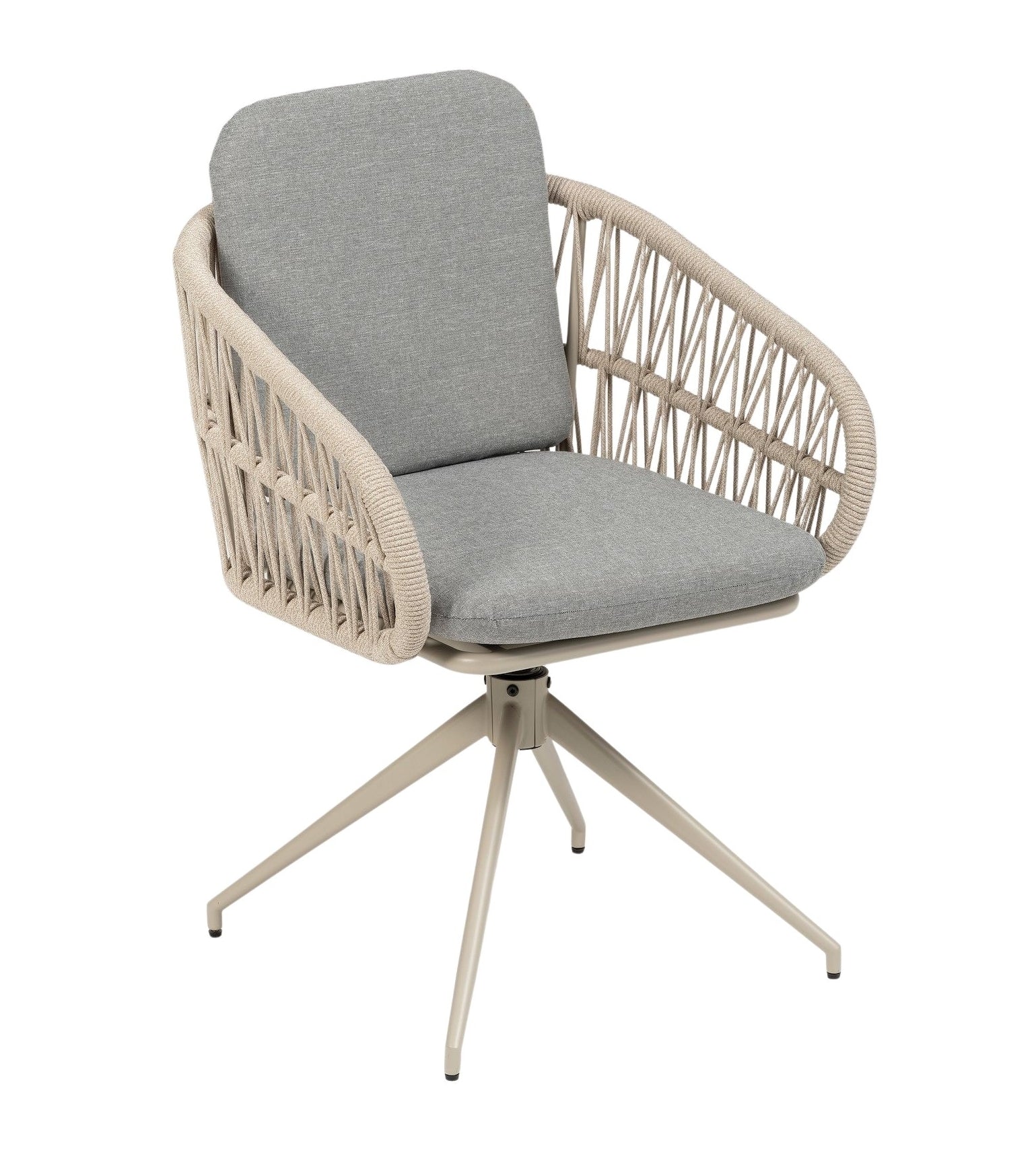 Serena drehbarer Gartenstuhl mit Aluminium-Spinnenfuß, Textilschnur-Sitzschale und grauen Sitz- und Rückenkissen für den Outdoor-Bereich