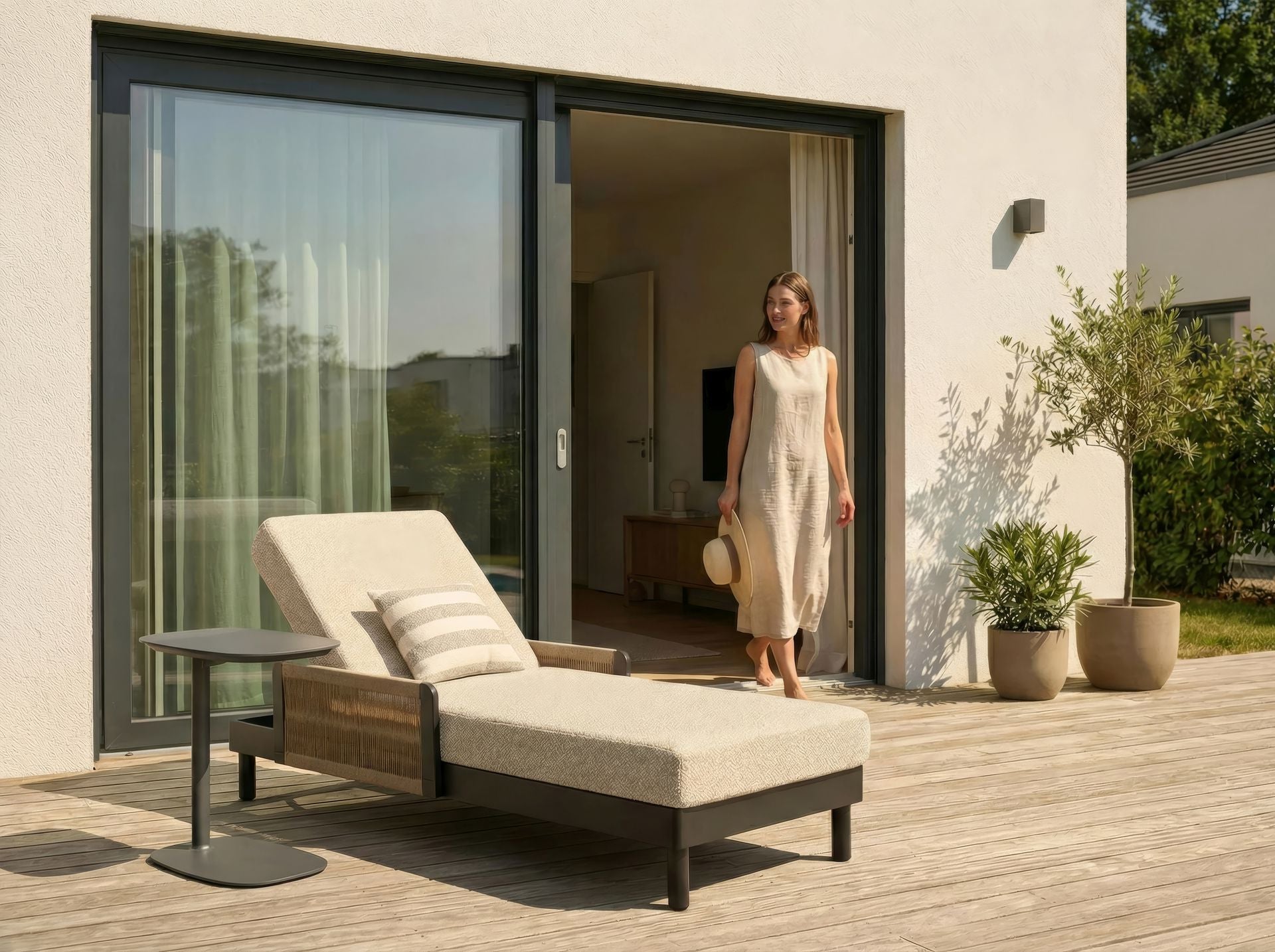 Sonnenliege Shelly mit Aluminiumgestell, Kunststoffschnüren und Polsterauflage für den Außenbereich