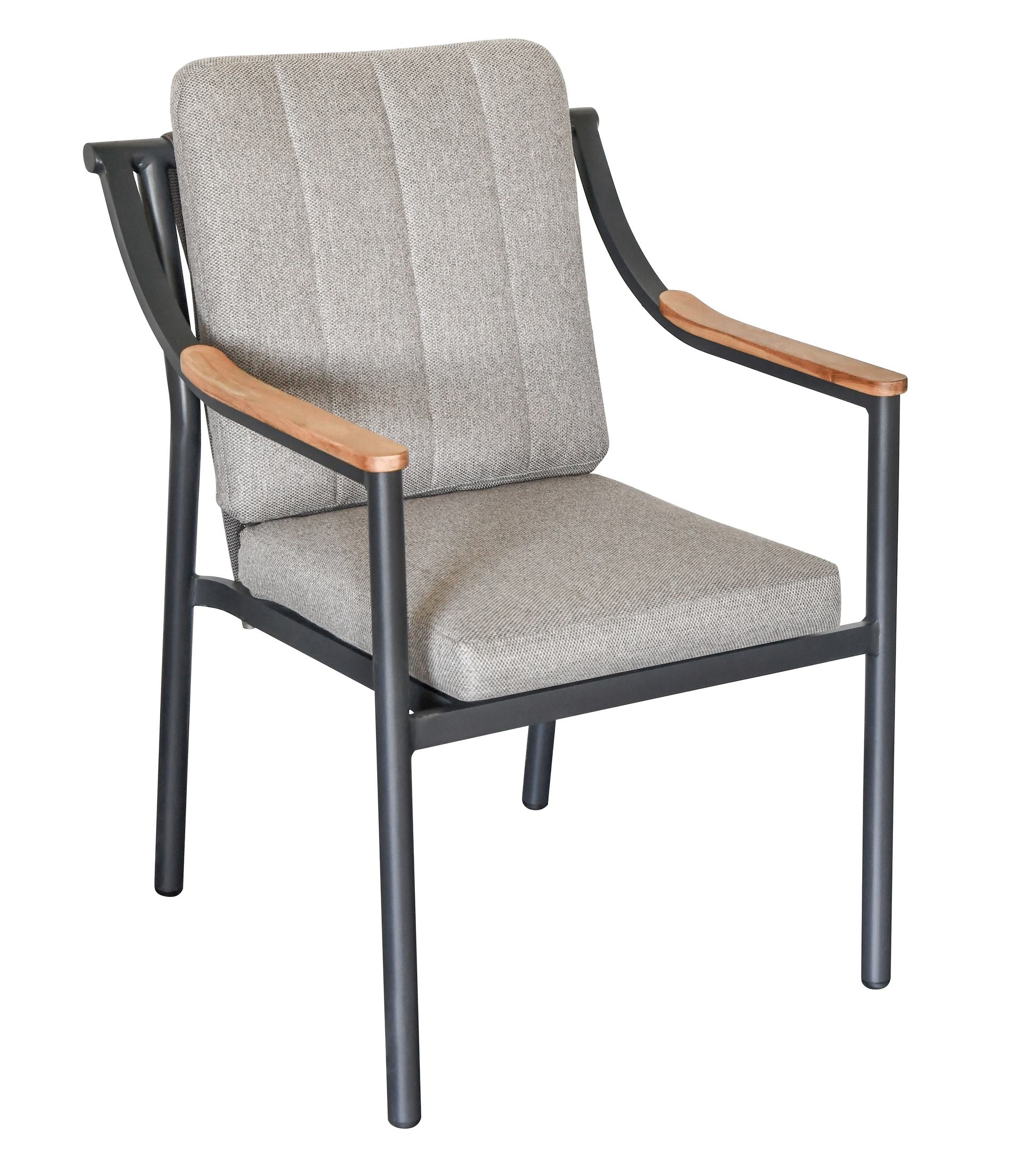 Tischgruppe Cassiopeia mit rundem Gartentisch aus Sinterstone und 6 Armstühlen Tristan mit Teakholz-Details.