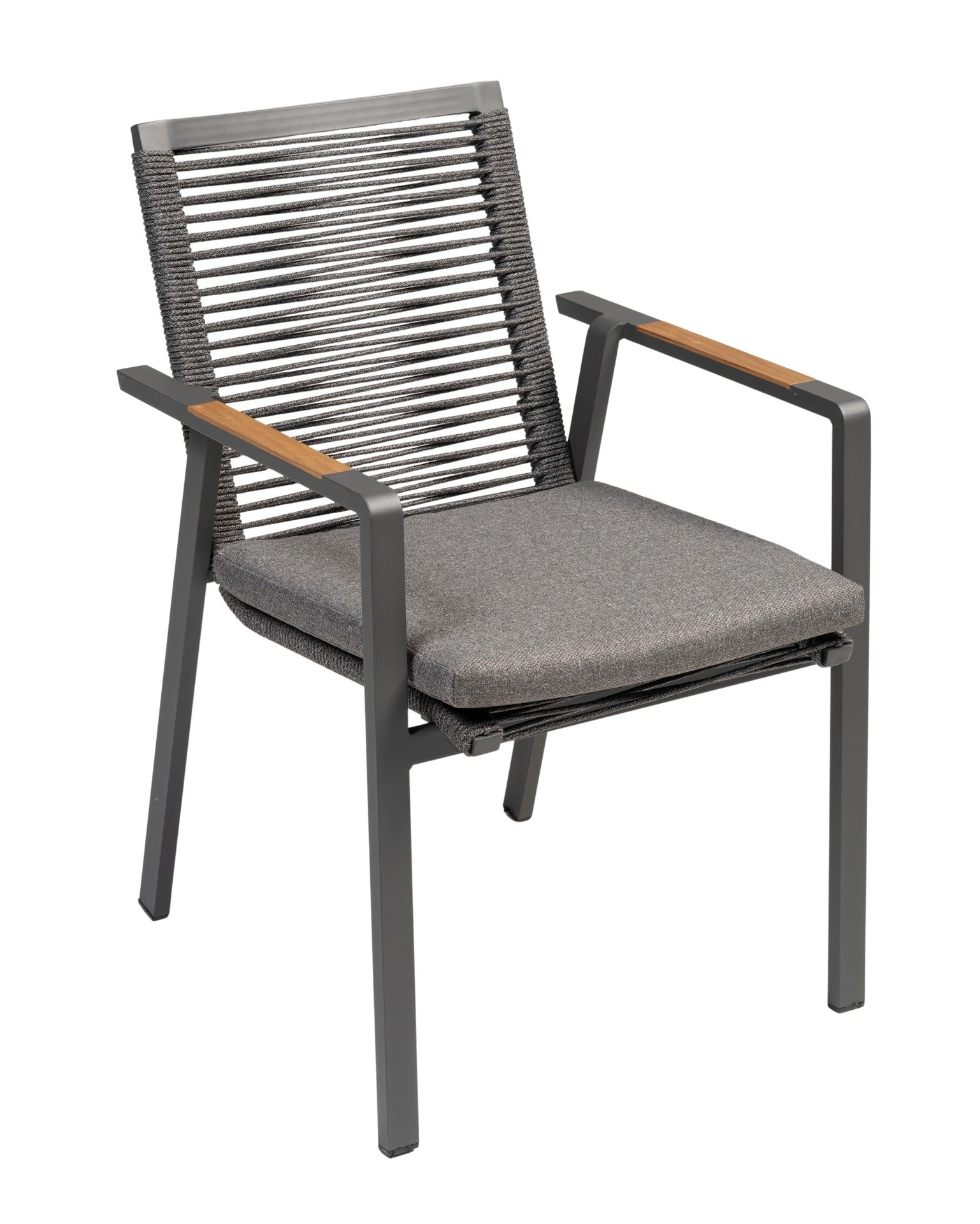 Armstuhl Wayne mit Aluminiumgestell in Anthrazit, grauen Schnüren, und dunkelgrauem Kissen, stapelbar und wetterfest.