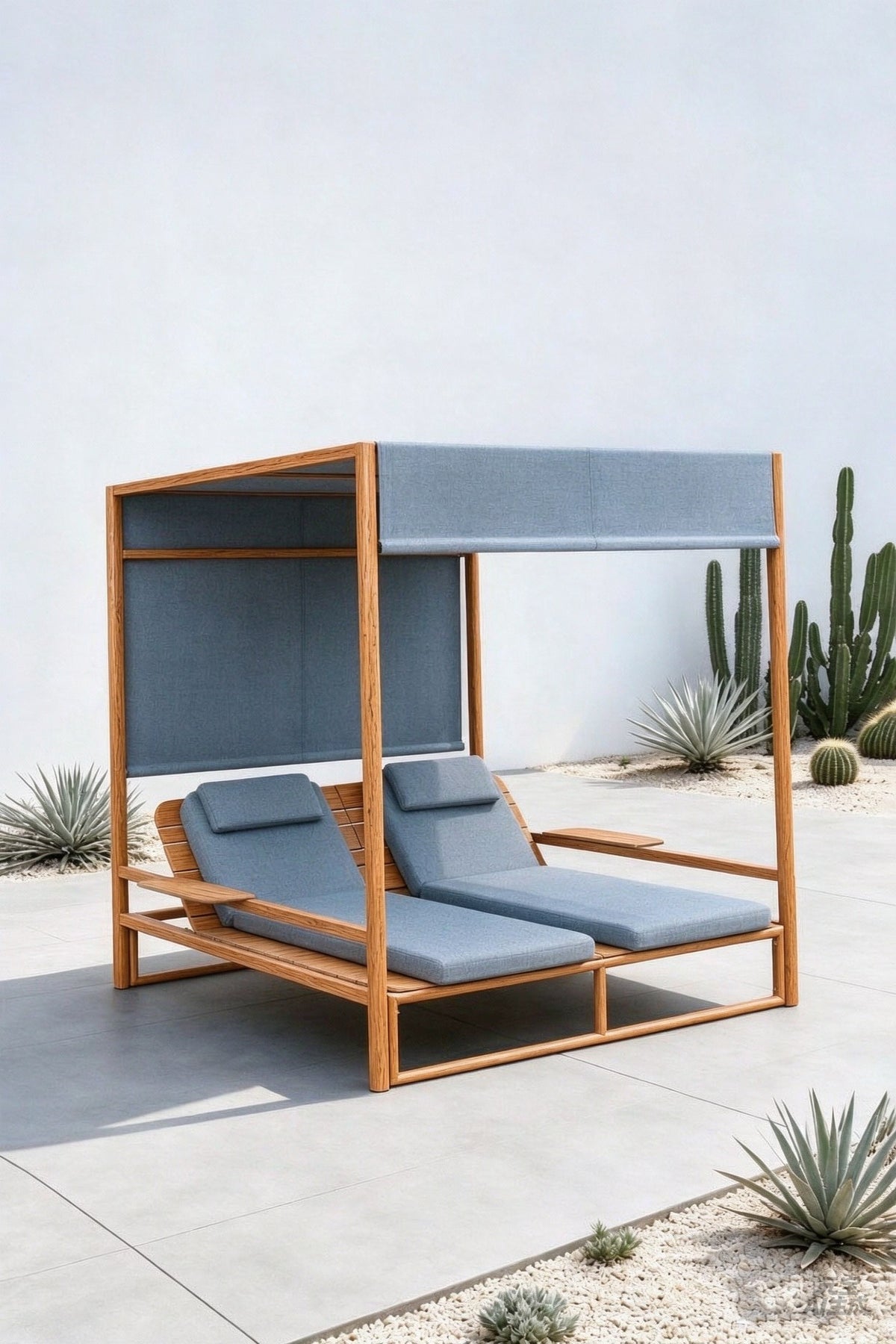 Billie Daybed mit Sonnendach, Aluminiumgestell in Holzoptik, dunkelgrauen Auflagen und seitlichen Ablagen