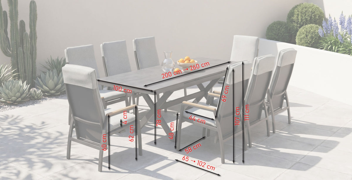 Casper Tischgruppe – Maßskizze für Ausziehtisch 200–260 × 100 cm und verstellbare Armstühle