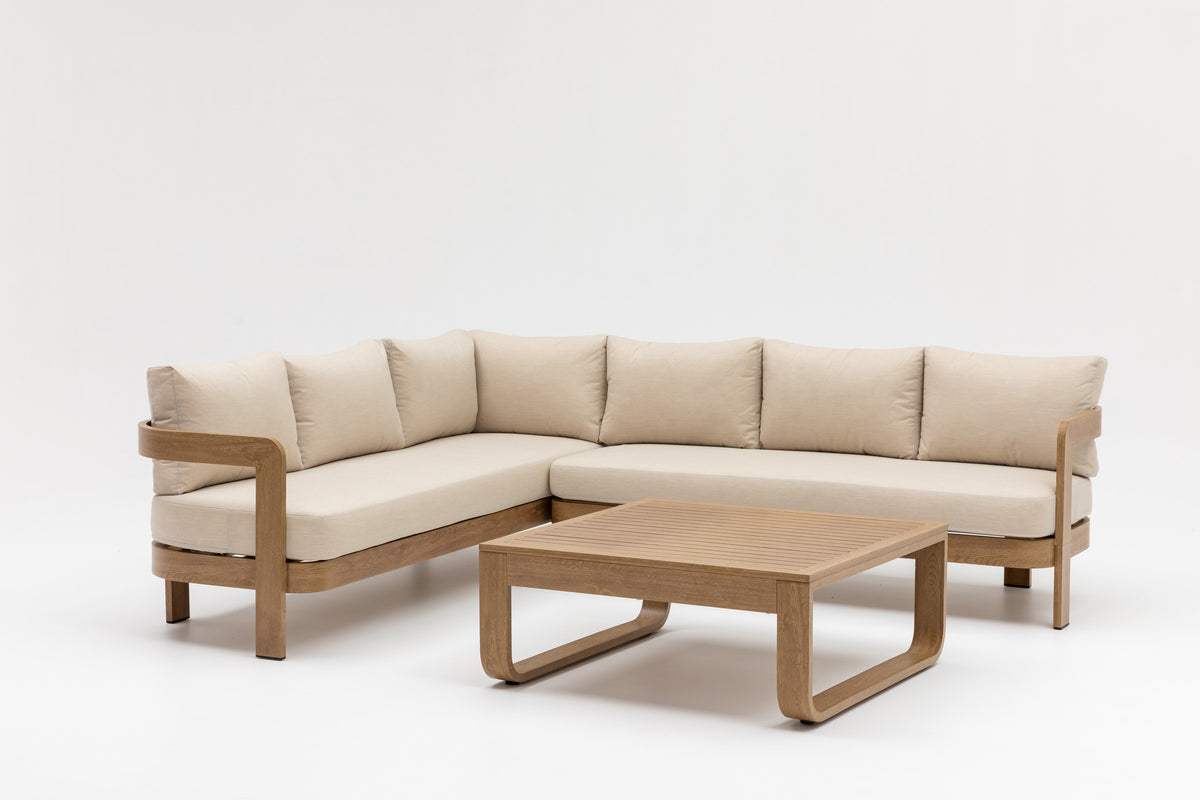 Dorian Eck-Gartenlounge – Eckbank mit beigen Polstern und Couchtisch