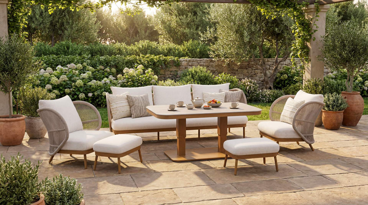 Fabrizio Loungegruppe mit Sofa, zwei Fauteuils, zwei Hockern und Tisch in hoher Essposition