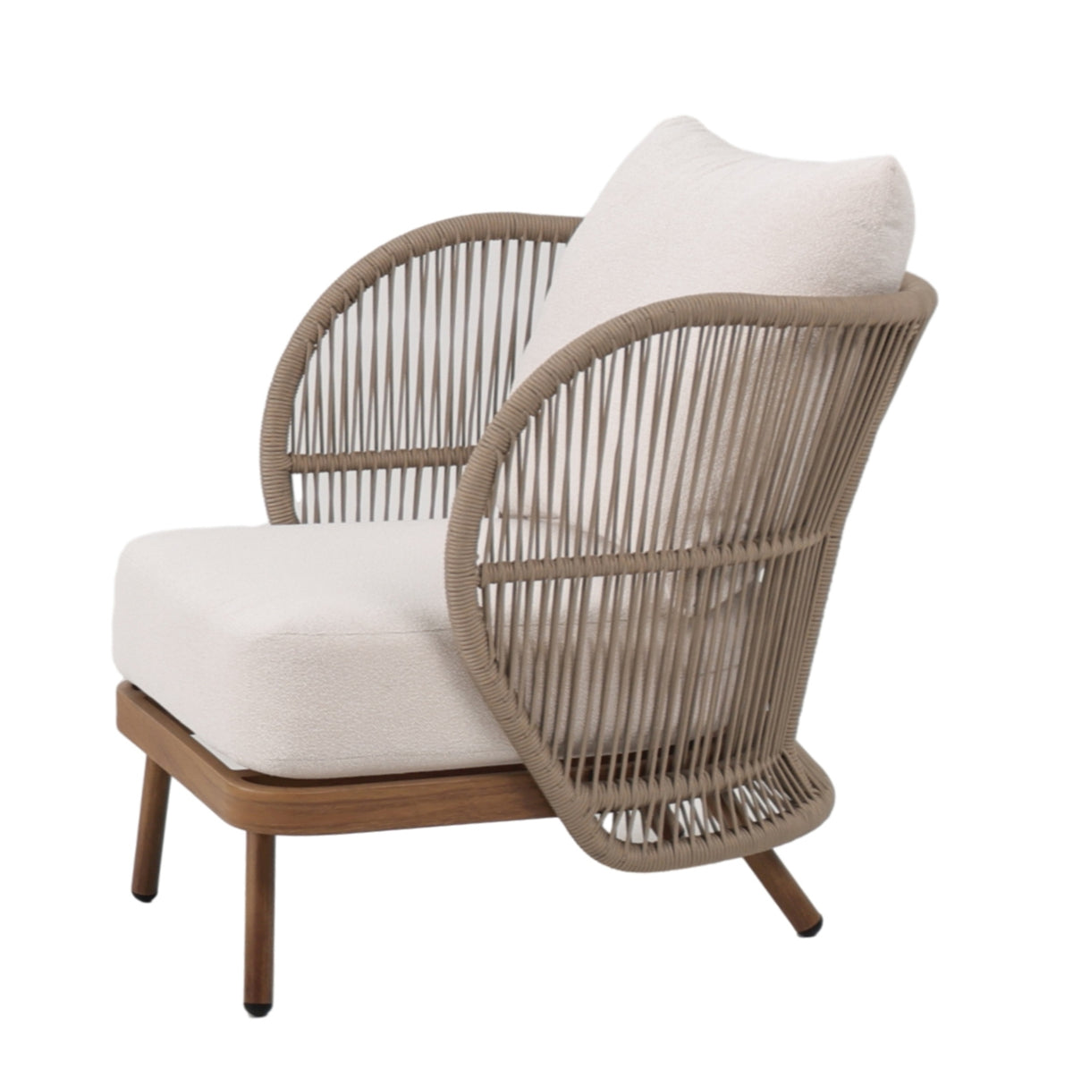 Fabrizio Fauteuil mit Aluminiumgestell in Holzoptik, hellbraunen Textilschnüren und beigen Kissen