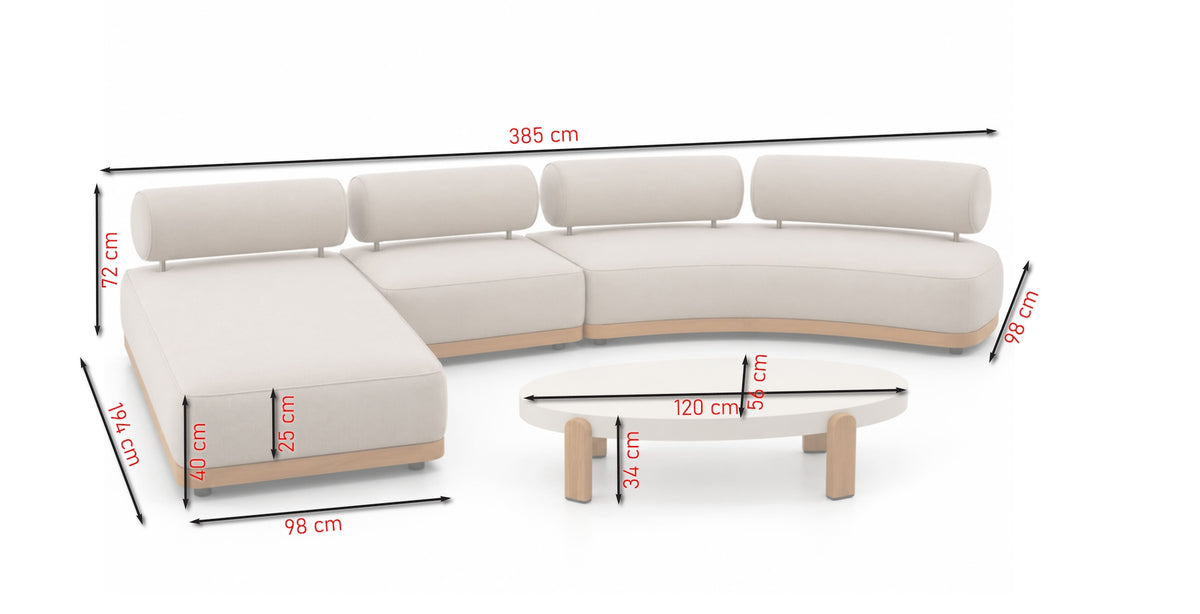 Maxine XL Gartenlounge – Maßskizze mit 385 cm Gesamtbreite