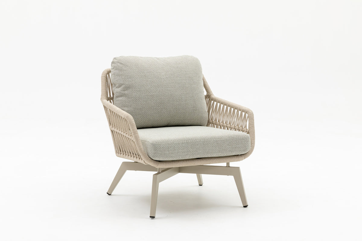 Serena Fauteuil in Beige-Grau mit Schnurbespannung und hellen Polstern