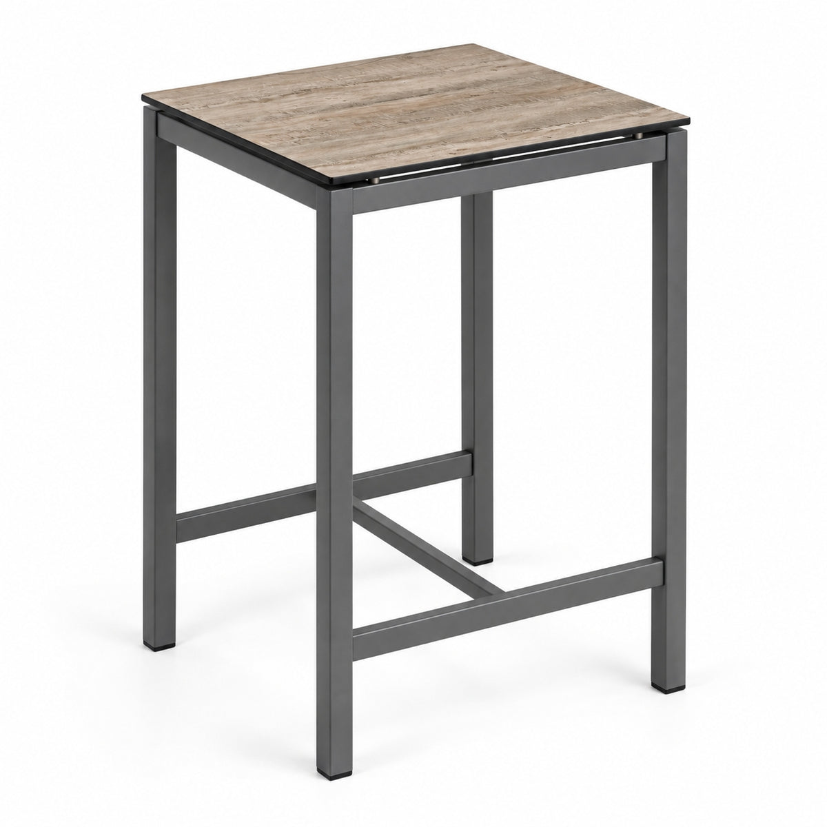 Silvio Bartisch 70 × 70 cm, Edelstahl anthrazit pulverbeschichtet, HPL-Tischplatte Alaska Oak, Höhe 108 cm