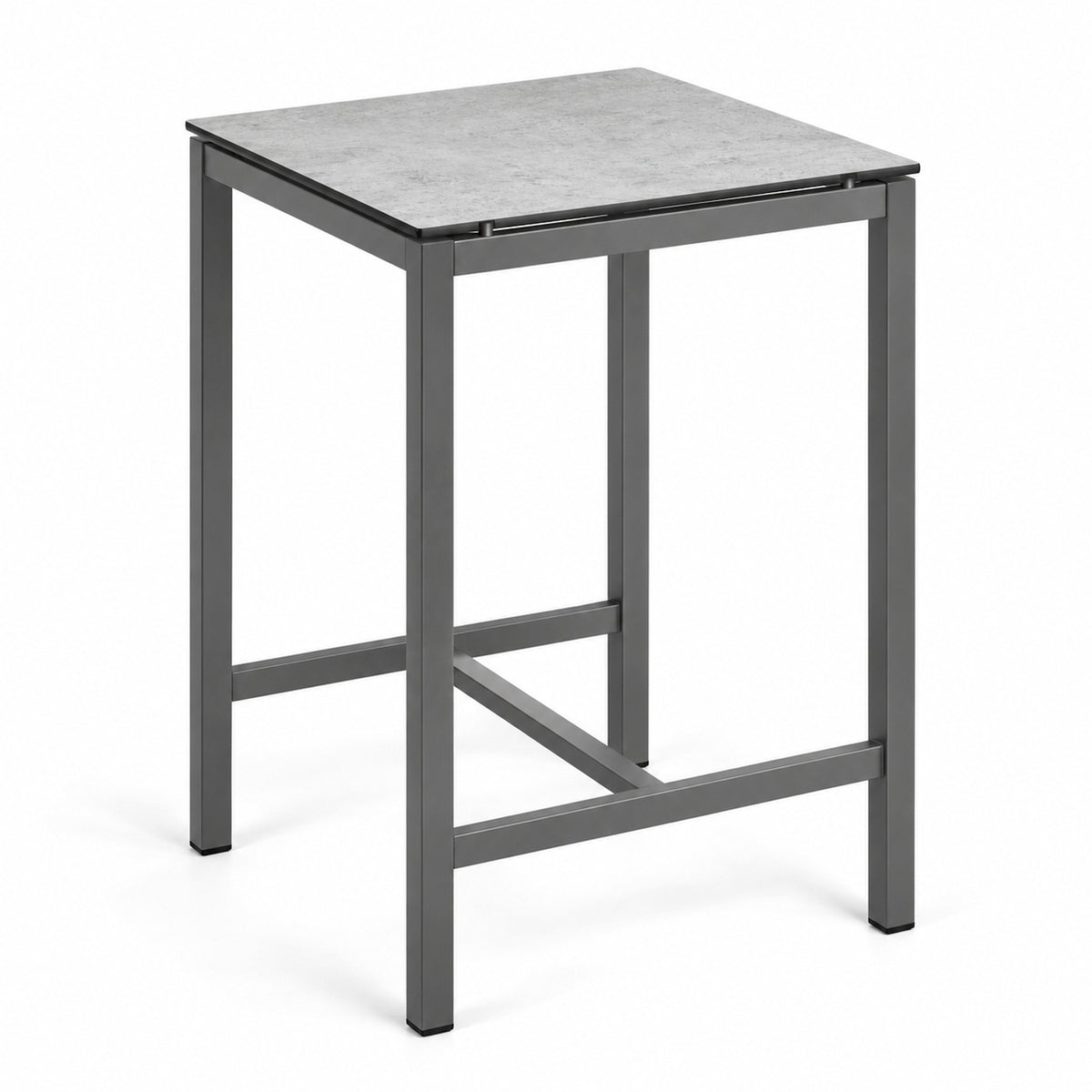 Silvio Bartisch 70 × 70 cm, Edelstahl anthrazit pulverbeschichtet, HPL-Tischplatte Manhattan hell, Höhe 108 cm