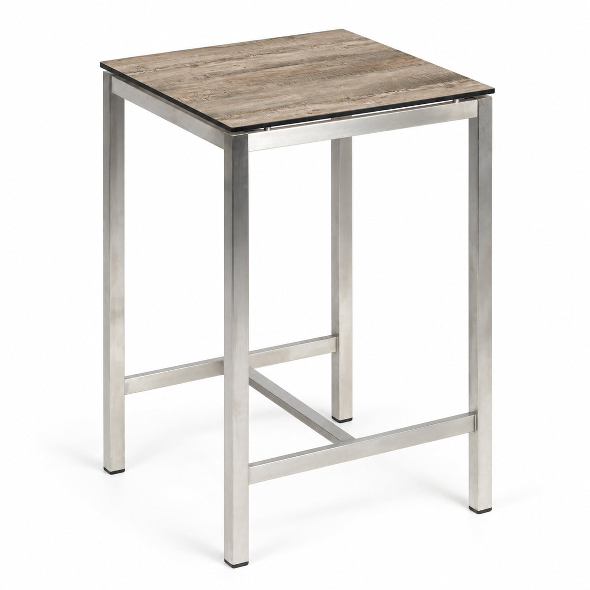 Silvio Bartisch 70 × 70 cm, Edelstahl satiniert, HPL-Tischplatte Alaska Oak, Höhe 108 cm