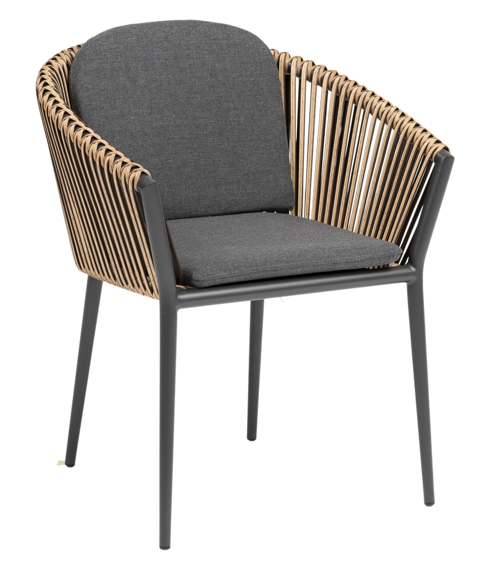 Gartenstuhl Bradley mit Aluminiumgestell in Anthrazit, Kunststoffbändern in Natur und wetterfesten dunkelgrauen Kissen.