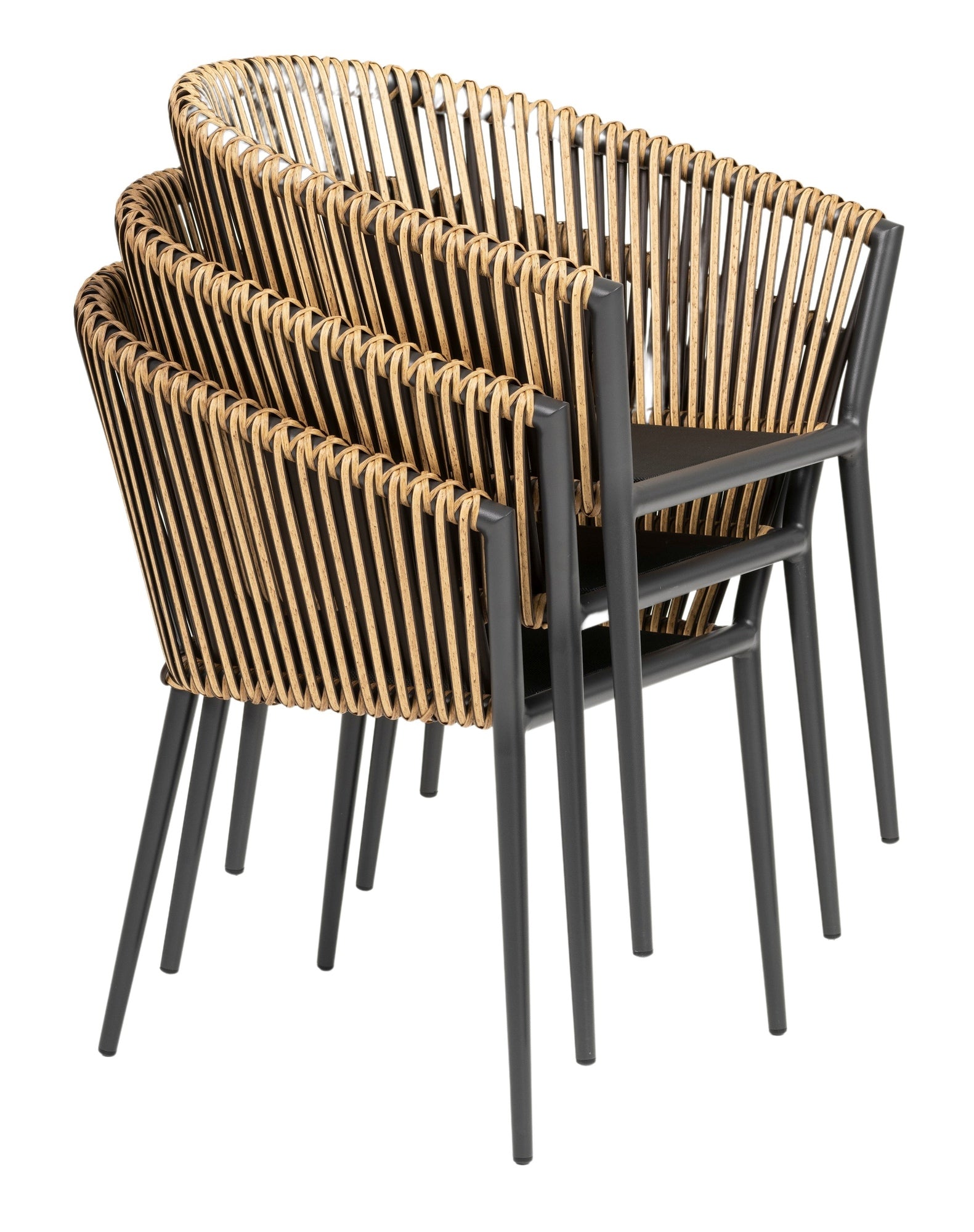 Gartenstuhl Bradley mit Aluminiumgestell in Anthrazit, Kunststoffbändern in Natur und wetterfesten dunkelgrauen Kissen.