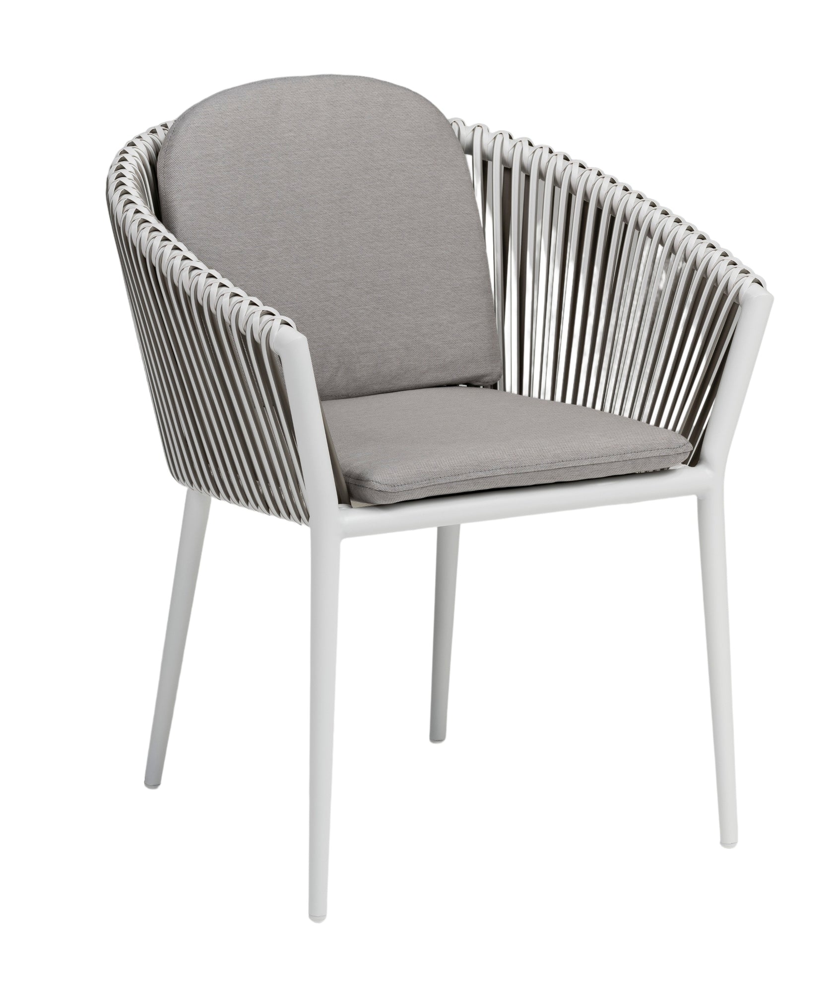 Gartenstuhl Bradley mit Aluminiumgestell in Weiß, Kunststoffbändern in Weiß und wetterfesten hellgrauen Kissen.