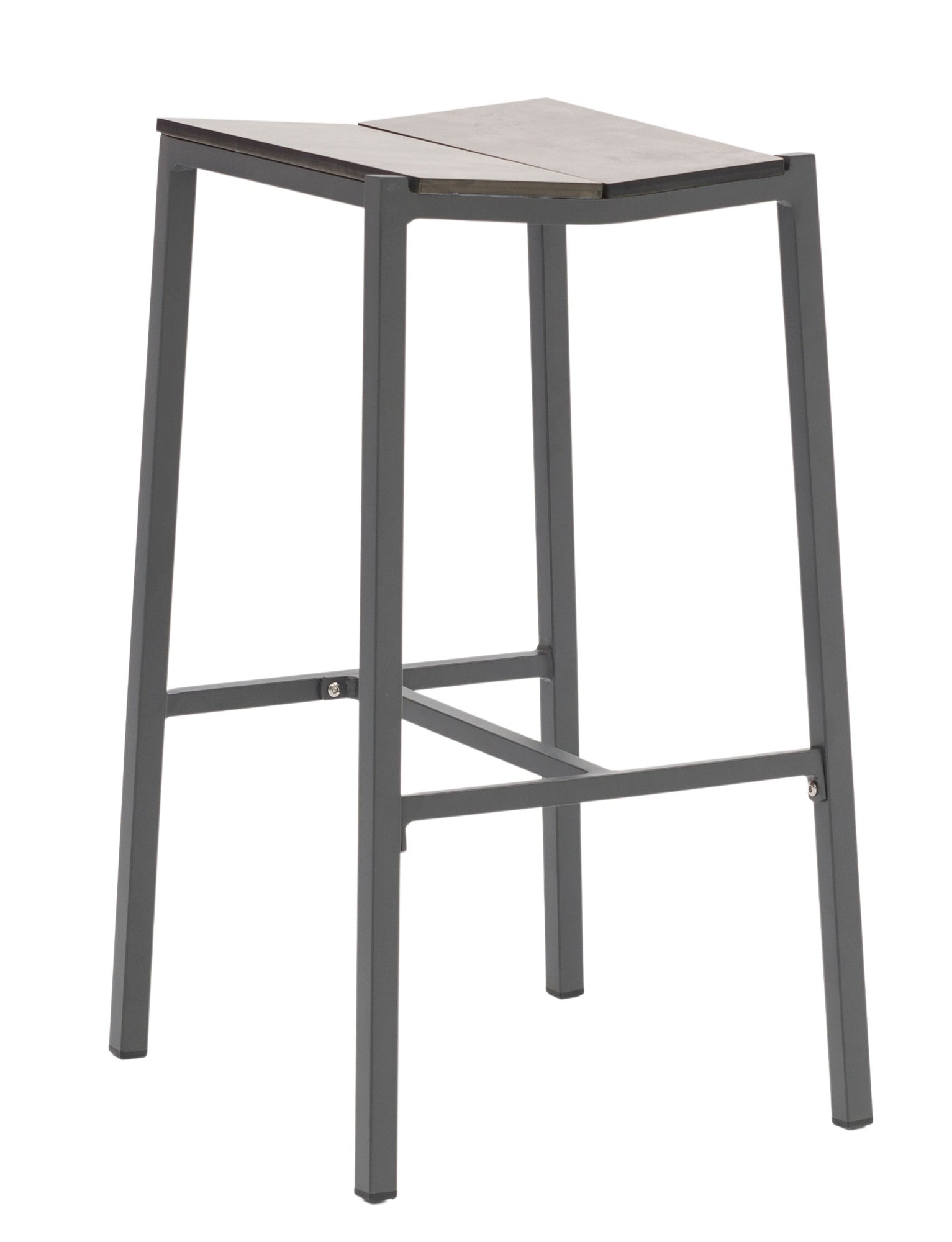 Barhocker Brody mit dunkelgrauem Aluminiumgestell und HPL-Sitzfläche in Betonoptik.
