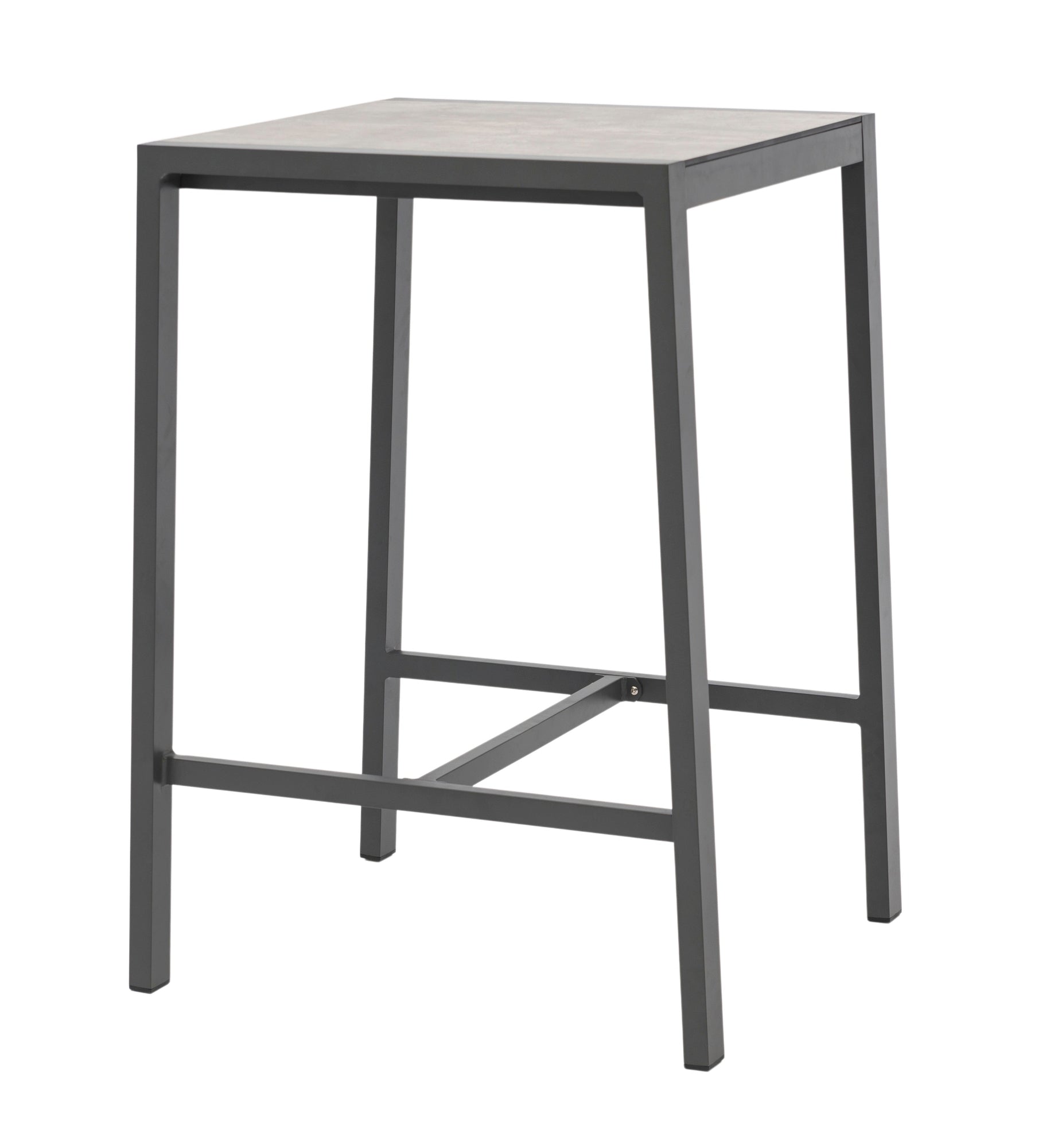 Bartisch Brody mit dunkelgrauem Aluminiumgestell und HPL-Tischplatte in Betonoptik.