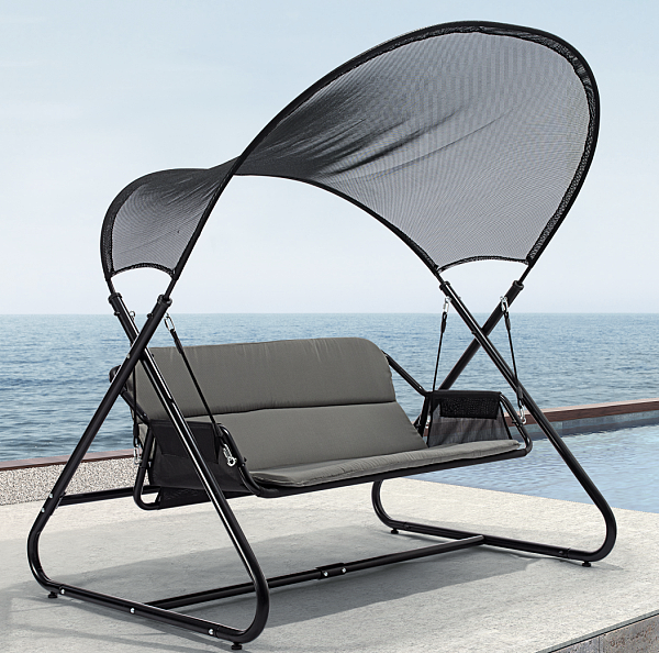 Hängeschaukel Savannah mit stabilem Metallgestell, Sonnendach und weichen grauen Kissen, ideal für zwei Personen.