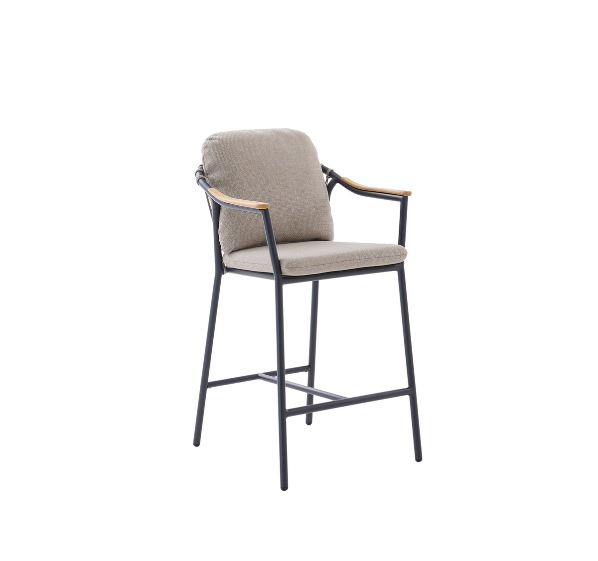 Alinda Barhocker anthrazit mit Teakholz-Armlehnen und beige-greigen Polstern – Ansicht 6