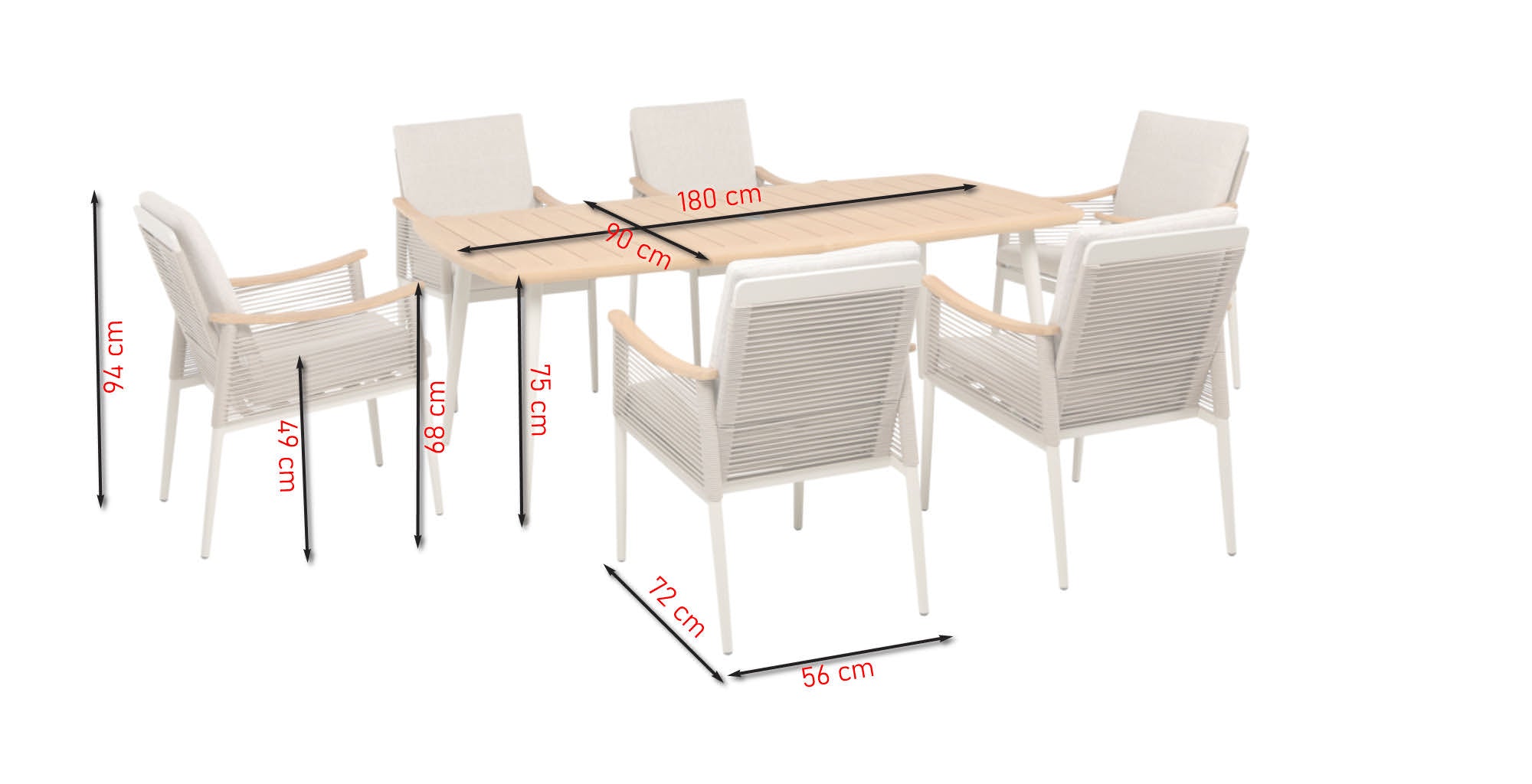 Barney Tischgruppe mit 6 Armstühlen, Aluminiumgestell ivory, Rope-Bespannung und Teakholz-Tischplatte