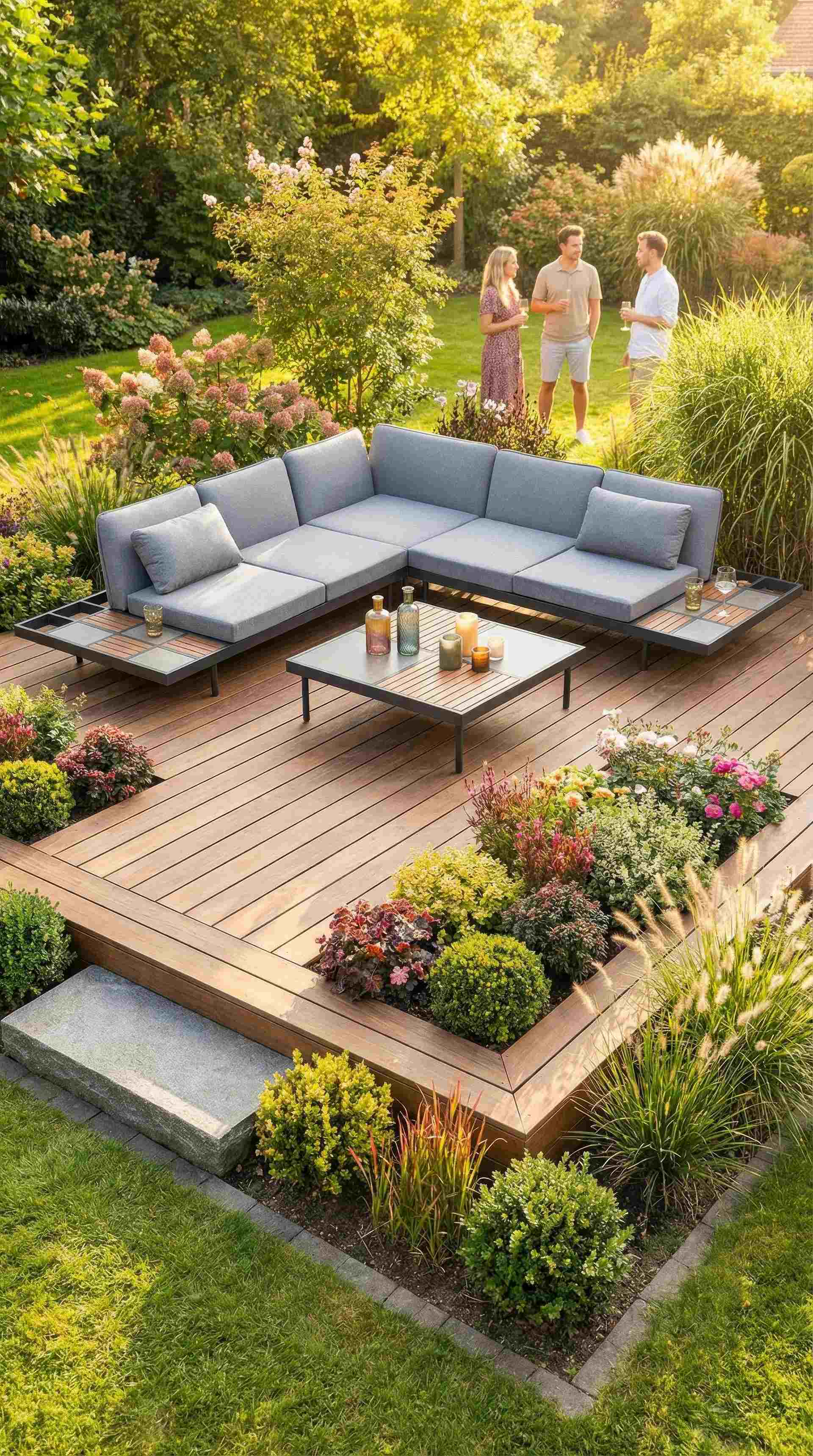 Loungegruppe Cassius mit anthrazitfarbenem Aluminiumgestell, Sinterstone- und Holzdekor-Ablagen, verstellbaren Sitzflächen und wasserabweisenden Kissen in Grau.