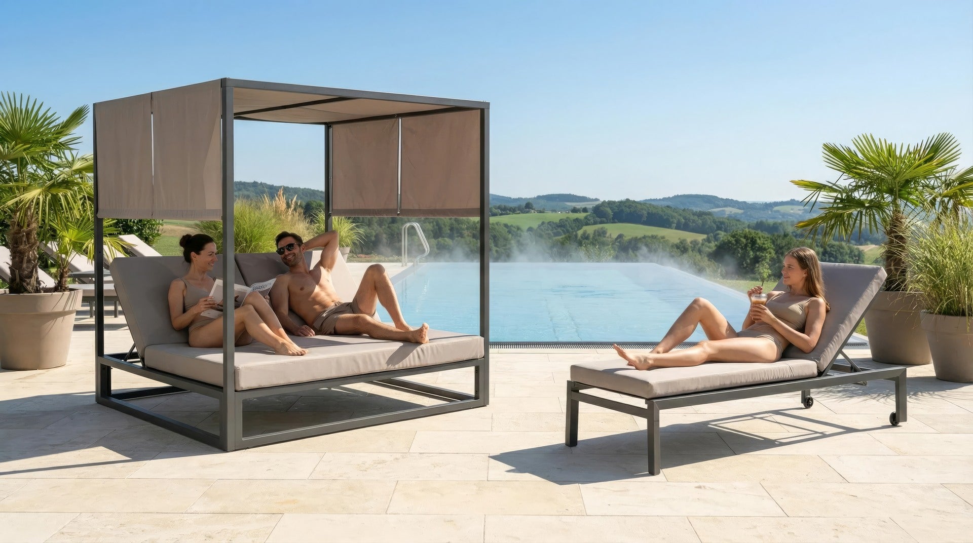 Sonnenliege Cedric-Single mit Aluminiumgestell, Textilen-Bespannung und wetterfester Kissenauflage in Anthrazit.