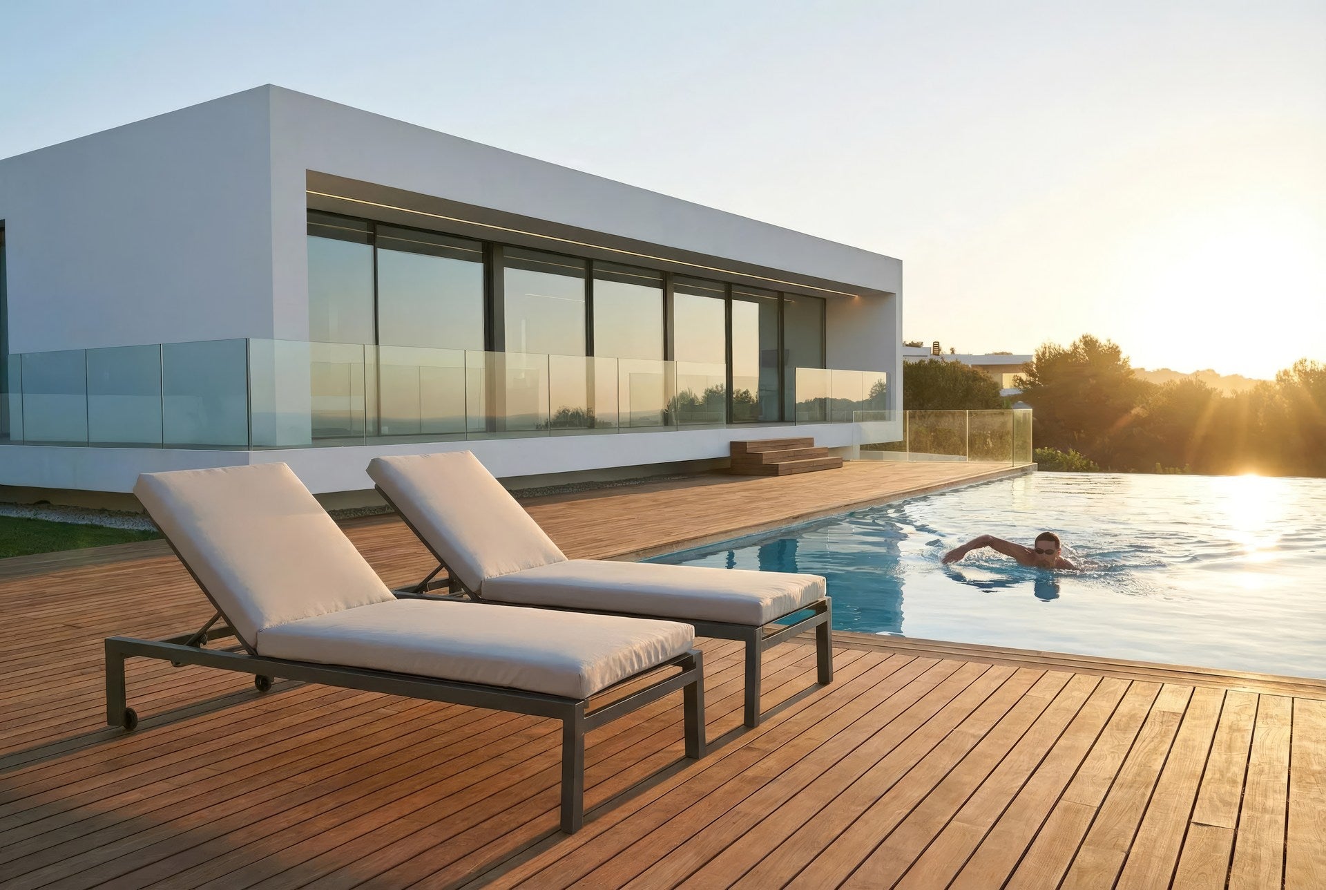 Sonnenliege Cedric-Single mit Aluminiumgestell, Textilen-Bespannung und wetterfester Kissenauflage in Anthrazit.