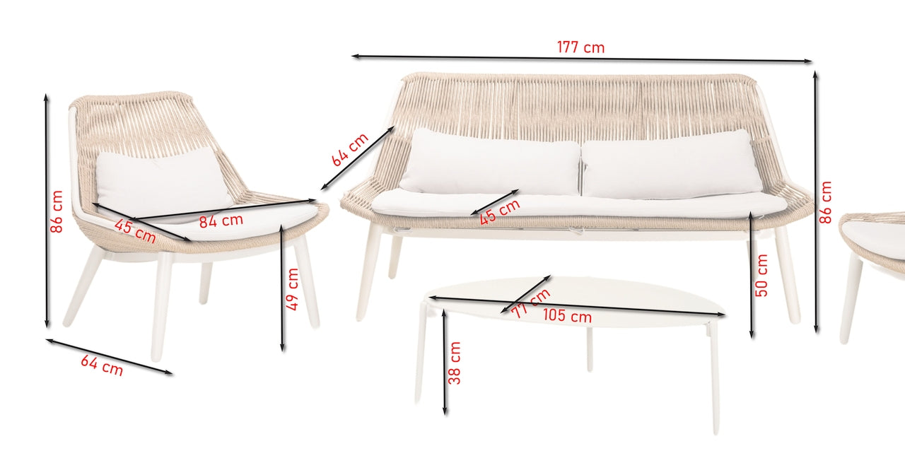 Loungeelemente Celeste mit ivoryfarbenem Aluminiumgestell, sandfarbenen Textilschnüren und hellgrauen Polstern. Ovaler und runder Couchtisch aus Aluminium.