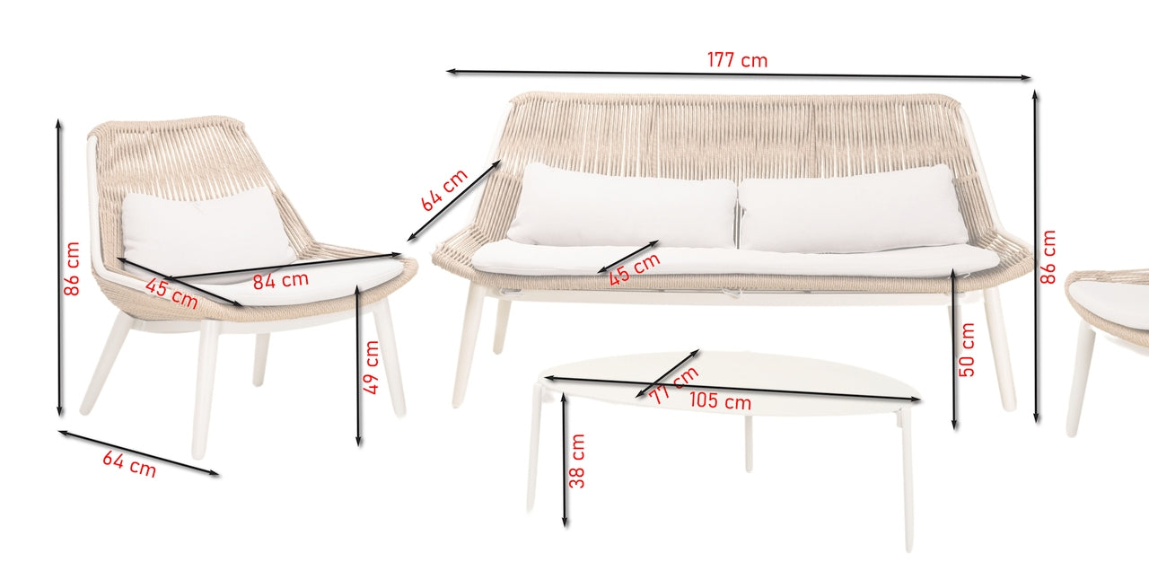 Die Celeste Loungegruppe in einem idyllischen Garten, bestehend aus einer Sitzbank, zwei Fauteuils und einem Couchtisch, umgeben von üppigem Grün und mit stilvollen, bequemen Kissen ausgestattet, bietet sie einen eleganten Entspannungsbereich im Freien.