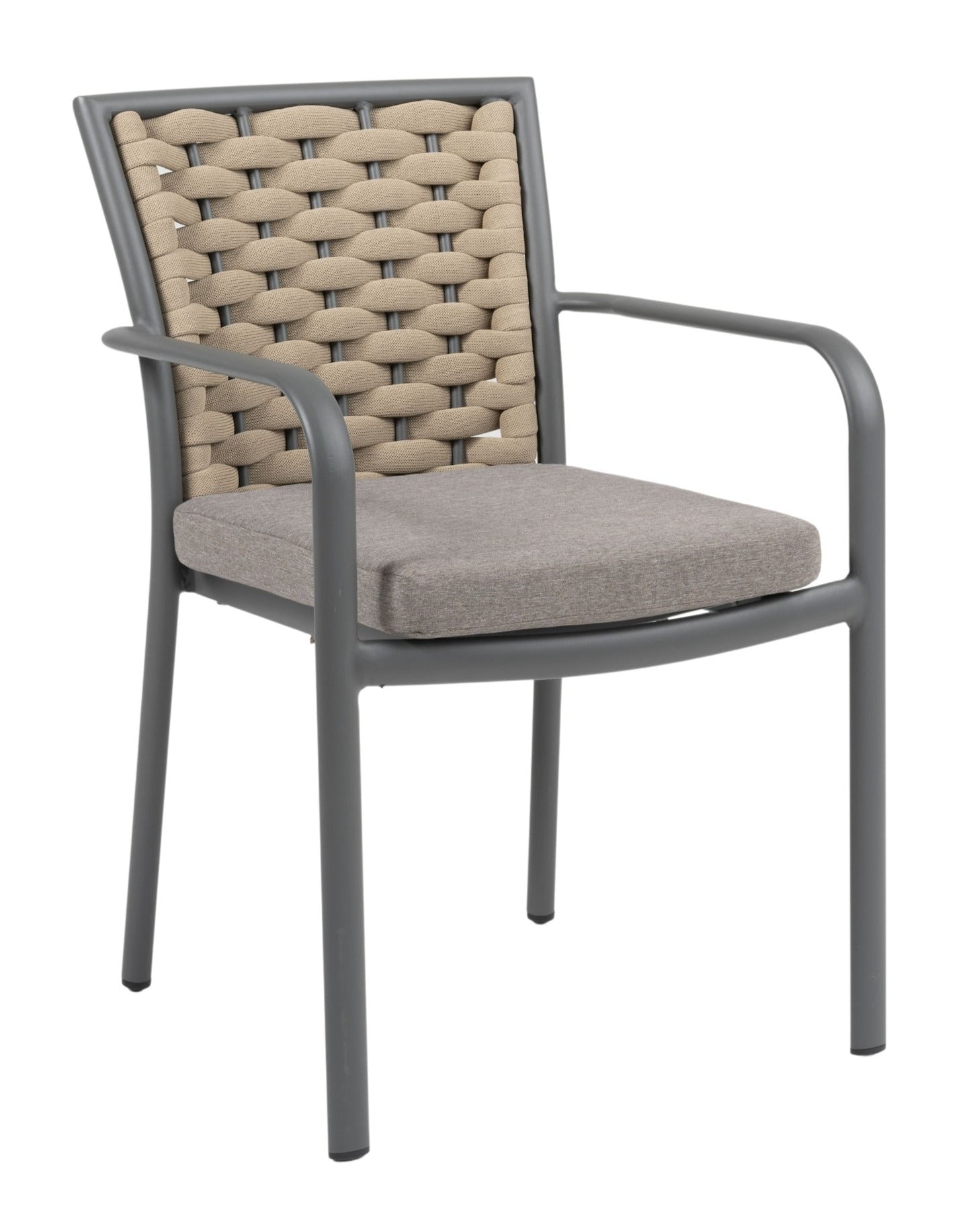 Eleganter 'Clara' Armstuhl mit grauem Metallgestell und taupefarbenen, feuchtigkeitsresistenten Textilschnüren, inklusive passendem Sitzkissen, erhältlich bei Gartenmoebelshop.at - mit weißem Hintergrund