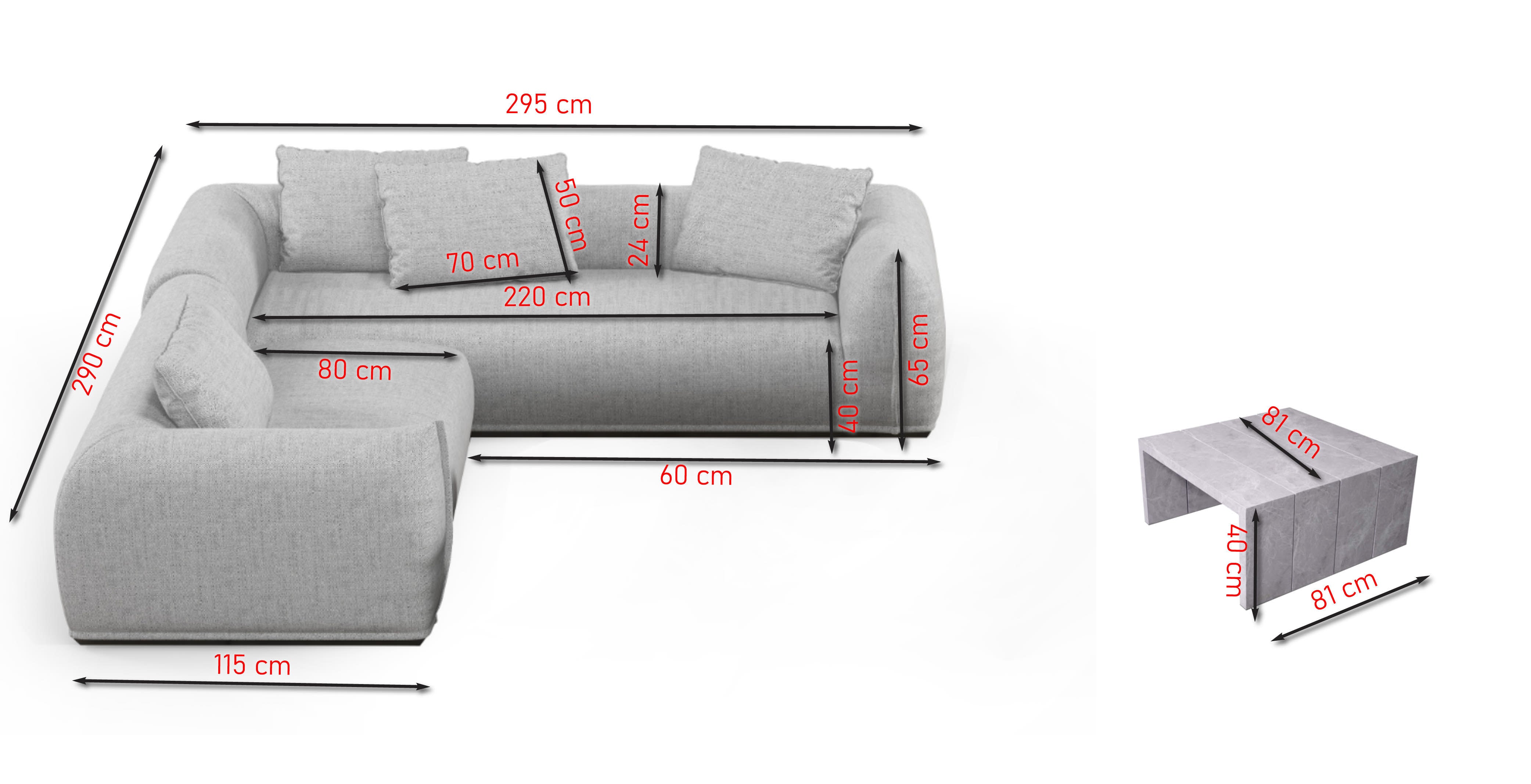 Gartenlounge Daphne Aluminium schwarz mit hellgrau meliertem Outdoorstoff und Couchtisch im Steindekor