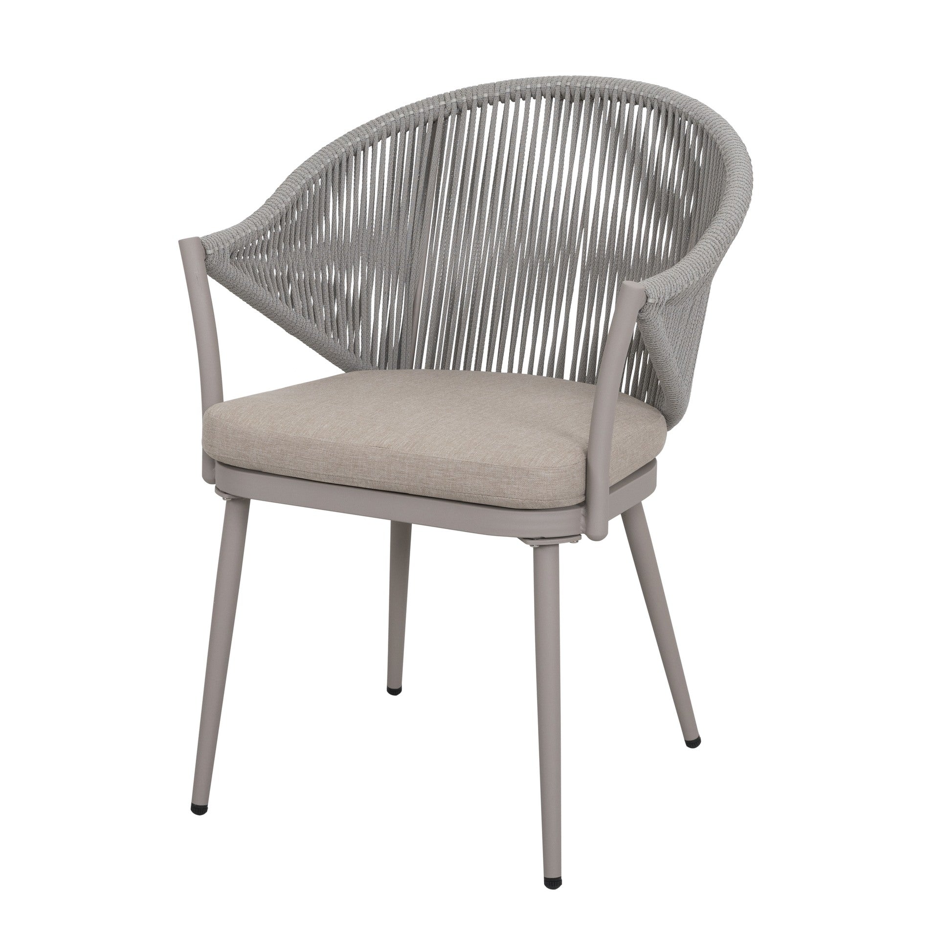 Tischgruppe Denise mit Esstisch 160x90 cm und 6 Armstühlen in grau-beige mit Textilschnüren und Sitzkissen – Outdoor Gartenmöbelshop.at