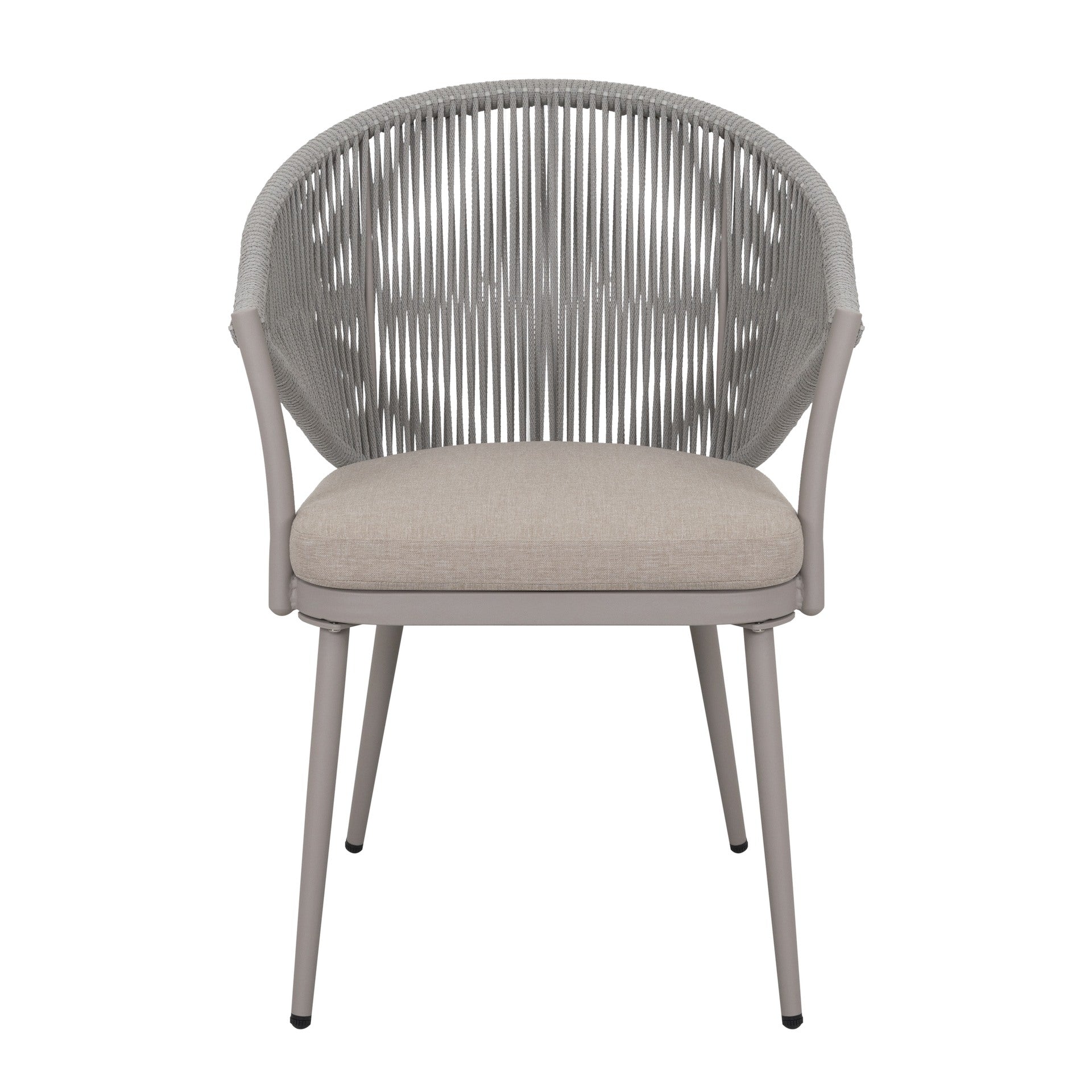 Tischgruppe Denise mit Esstisch 160x90 cm und 6 Armstühlen in grau-beige mit Textilschnüren und Sitzkissen – Outdoor Gartenmöbelshop.at